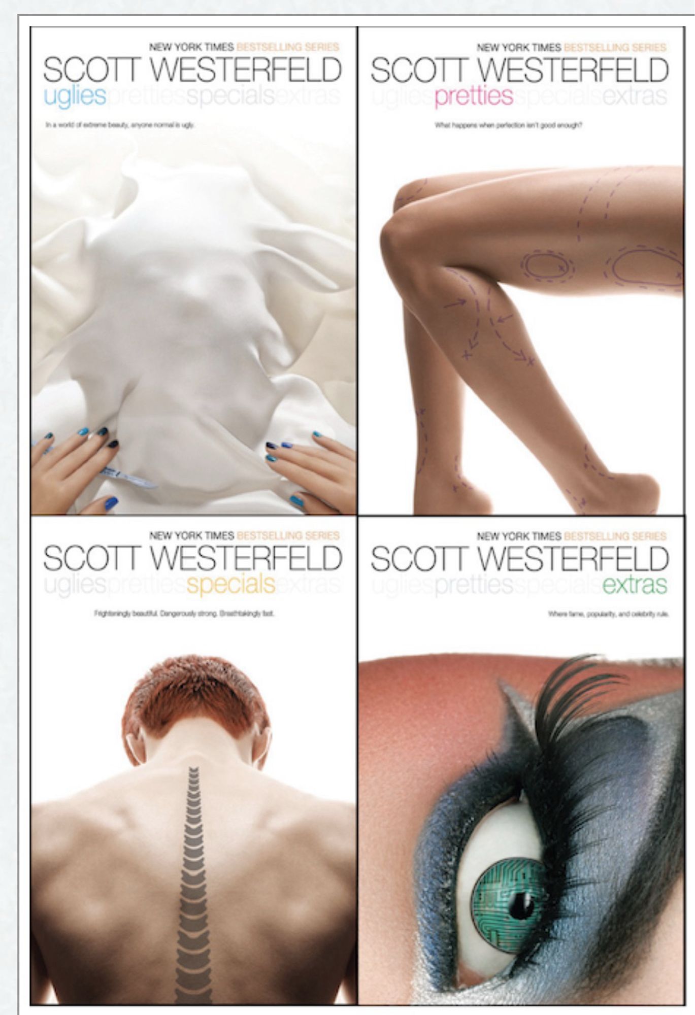 4 Buchcover der Uglies Serie von Scott Westerfeld: Uglies, Pretties, Specials, Extras