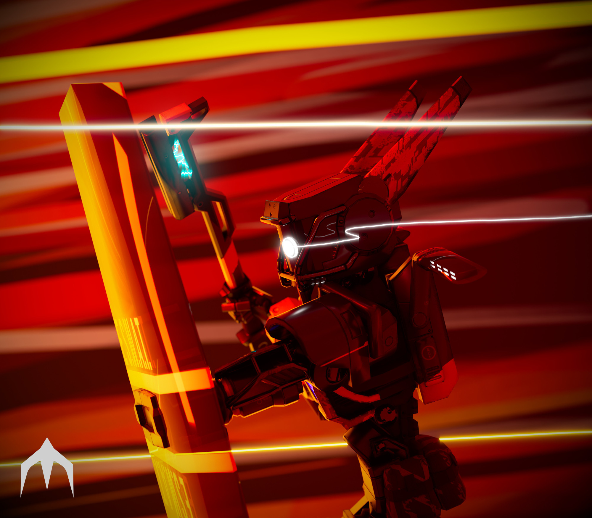 A robot holding a shield and baton arc with electric. In the background, a chaos of lines surrounding him, intensify with a bullet lines that almost hit his shield and body.