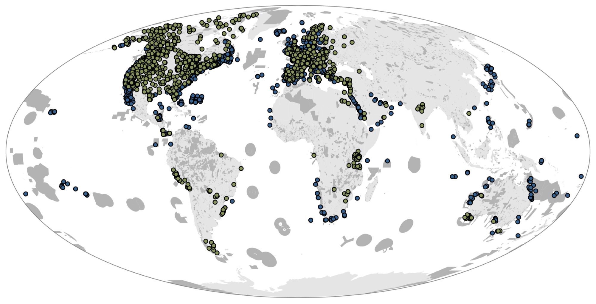 Global map of sample locations for genetic diversity of terrestrial mammals and marine fish overlaid on map of protected areas.