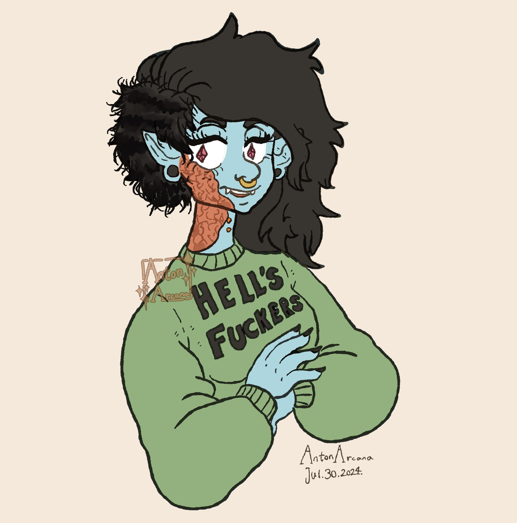 A vampire wearing a green shirt that says ''hell's fuckers'' with a nose ring violet diamond shaped eyes, her hair is black and burned on the right side of her head, she also has a rburn wound on the right side of her face that goes down to her neck.