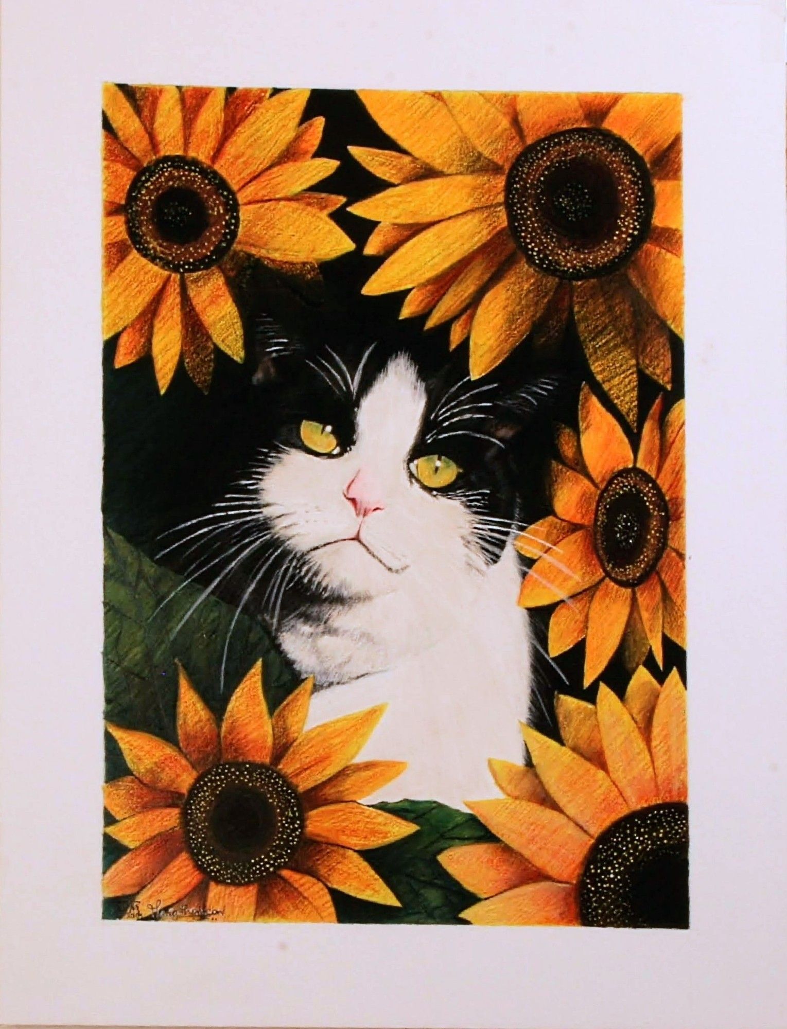 Copy of an illustration I did way back of my beautiful tuxedo cat, Printz. Pictured hiding in a splash of bright golden sunflowers and green leaves, his wistful white face with pink nose, big green-yellow eyes and long white whiskers reminds me of all the treasured times we shared. I miss him.
Picture copyright Marg Thomson "Printz in Sunflowerz".