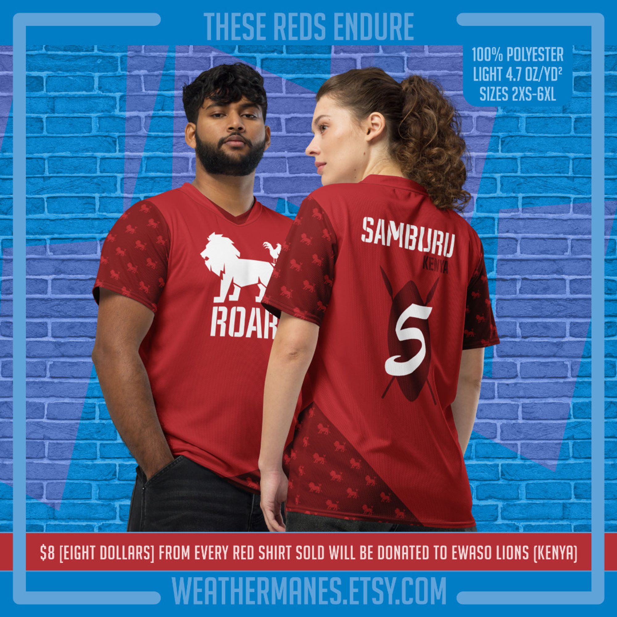 Front/Back look at the Unisex Sports Jersey on a man and woman. Specs: 100% polyester (it's recycled poly!), lightweight 4.7 oz/yd fabric (it's dimple-mesh!), sizes 2XS-6XL. Pledge of $8 from each shirt benefiting Ewaso Lions, a non-profit based in northern Kenya.