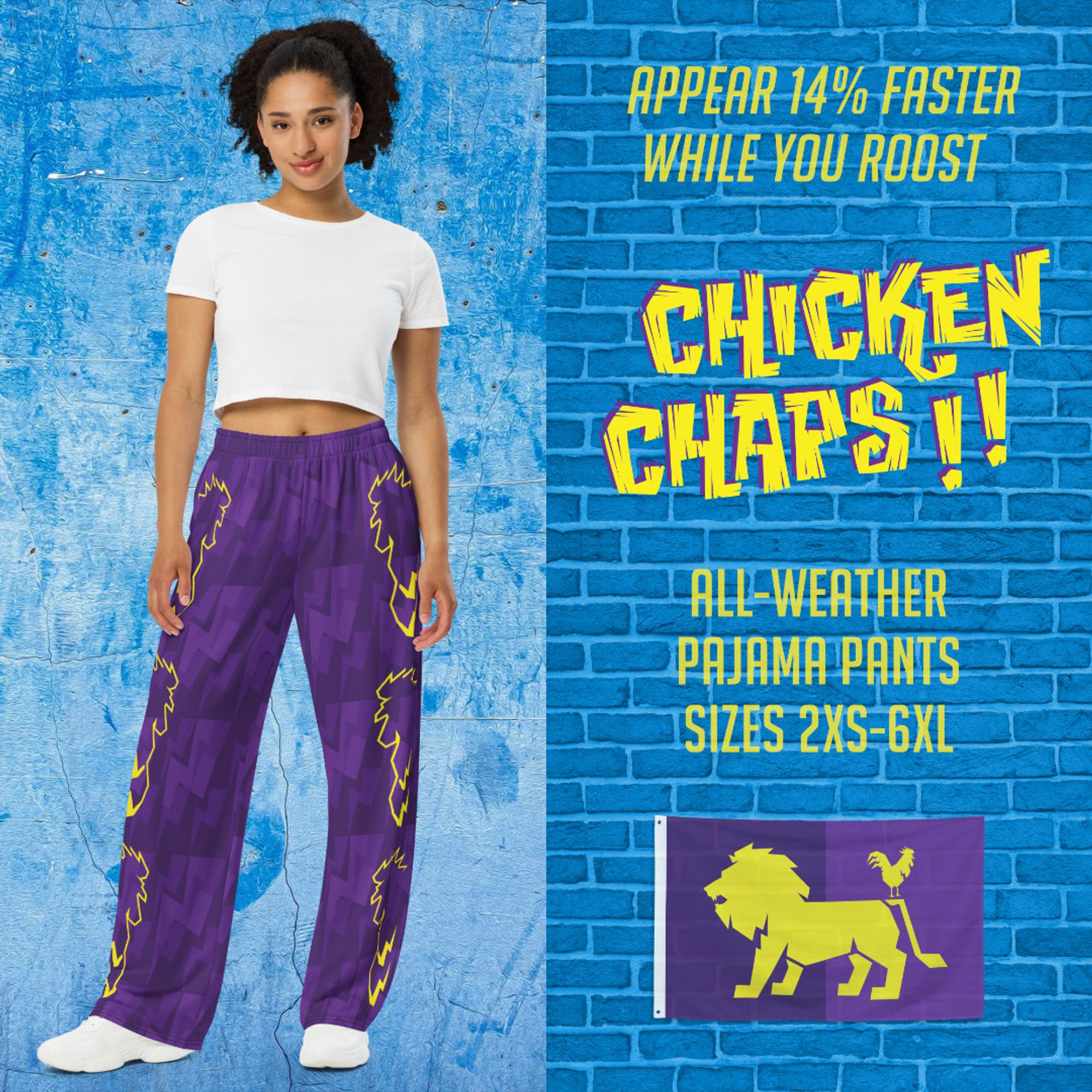 My friends (L,C) from the previous photo wanted "pajama pants" but somehow my heart heard "chicken chaps". There are lightning bolt "spurs" on the backside ankles! The flag was also their idea—it came first, actually, before any of the apparel.