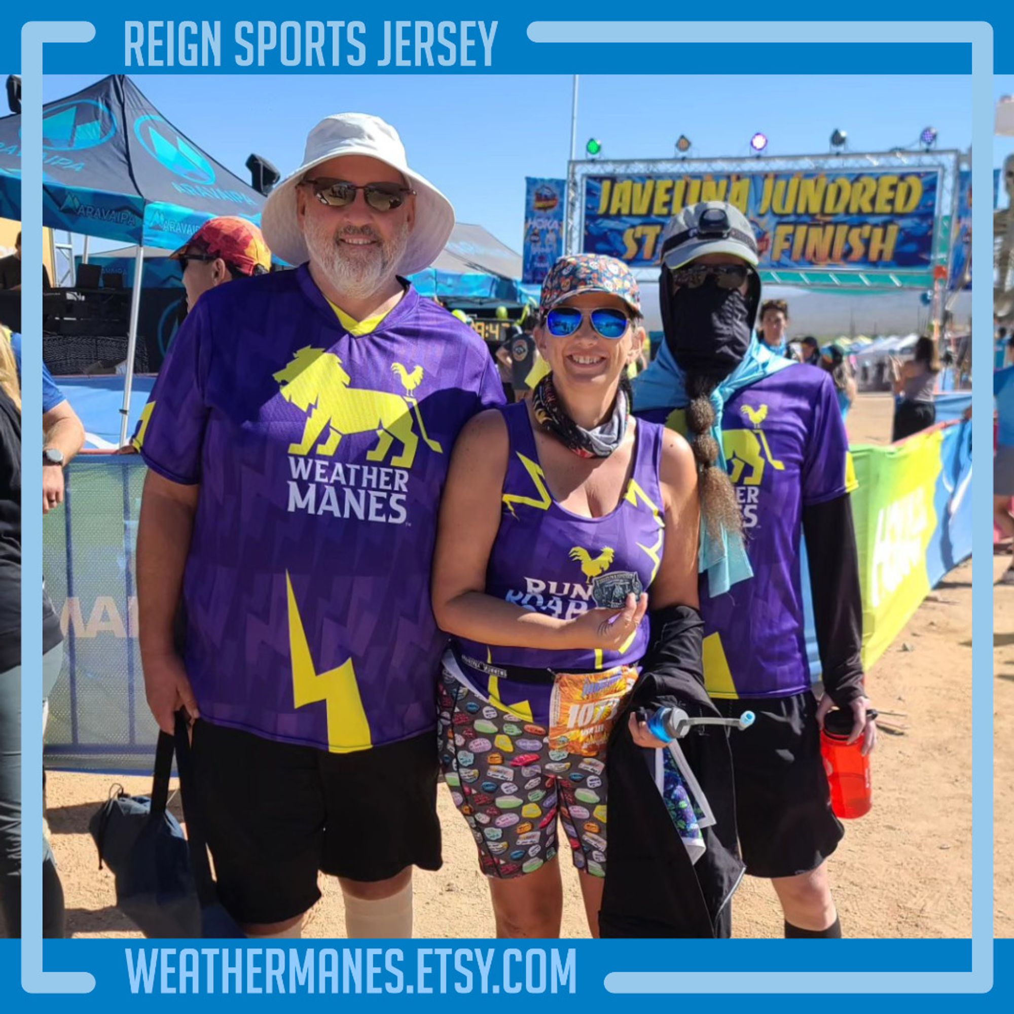 Weather Manes Sports Jerseys (L,R) and Run Roar Roost Women's Tank (C) in the wild, at the Javelina Jundred ultramarathon in Arizona, 2023. I'm the fella on the right—did 20 masked miles as an overnight pacer for the runner (C) who logged 100K (62 miles) in the desert.