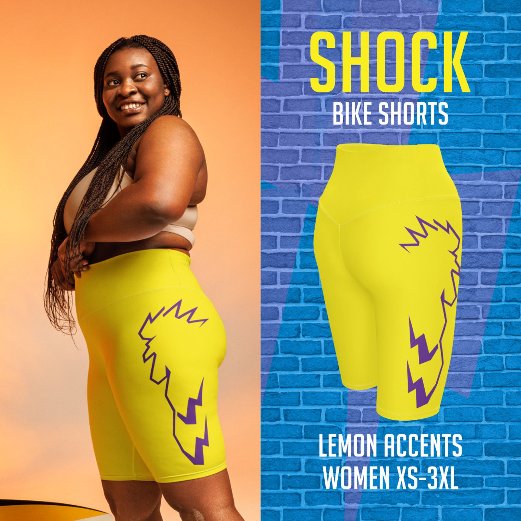 Shorts were added next—Women's Bike Shorts and Unisex Sports Shorts—in both Purple Reign and Lemon Shock options.