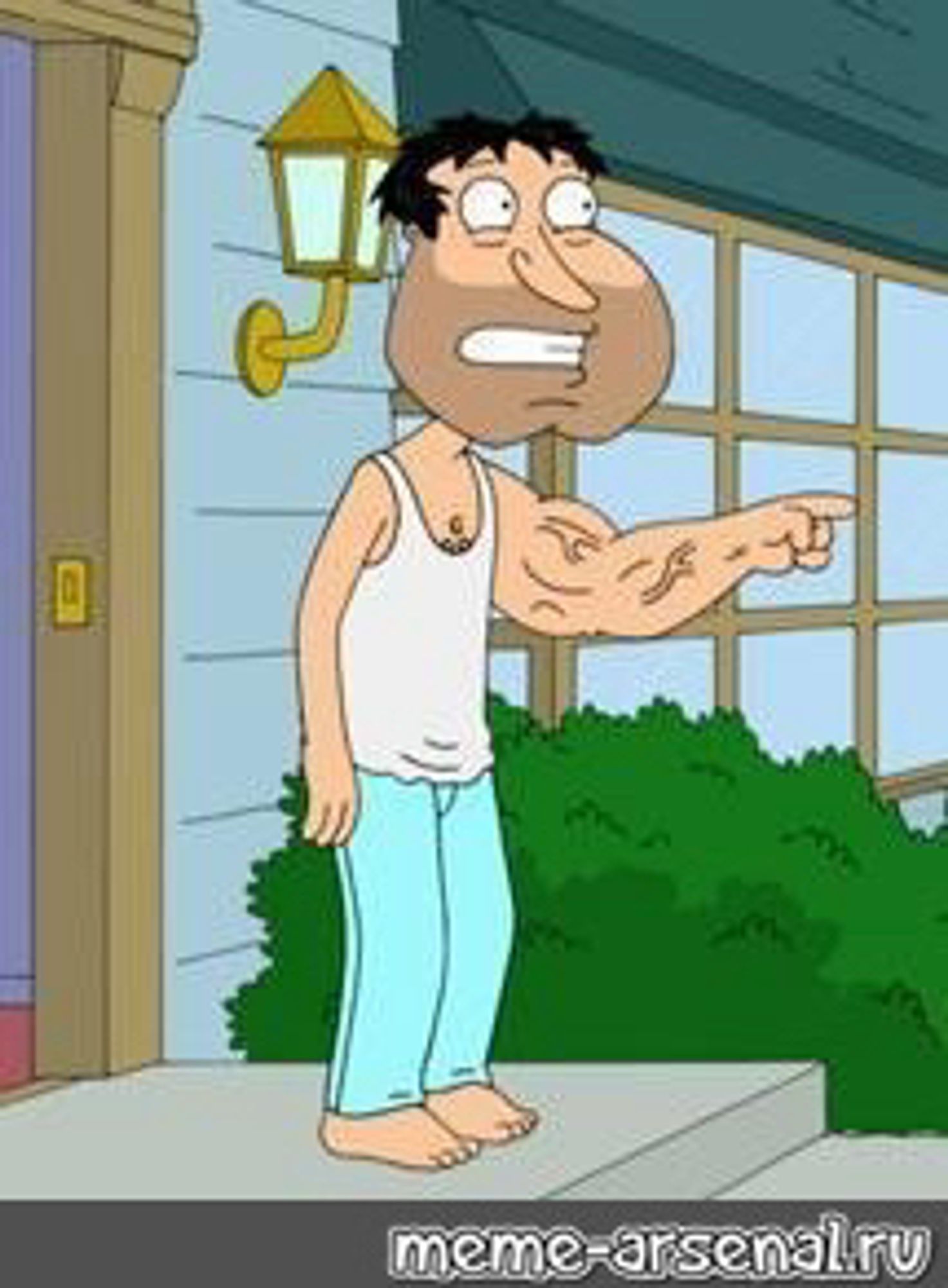 Quagmire from family guy with The Arm from after he discovered internet porn. it's the left one, it's so buff The Rock would be jealous. his right arm is angel hair pasta by comparison