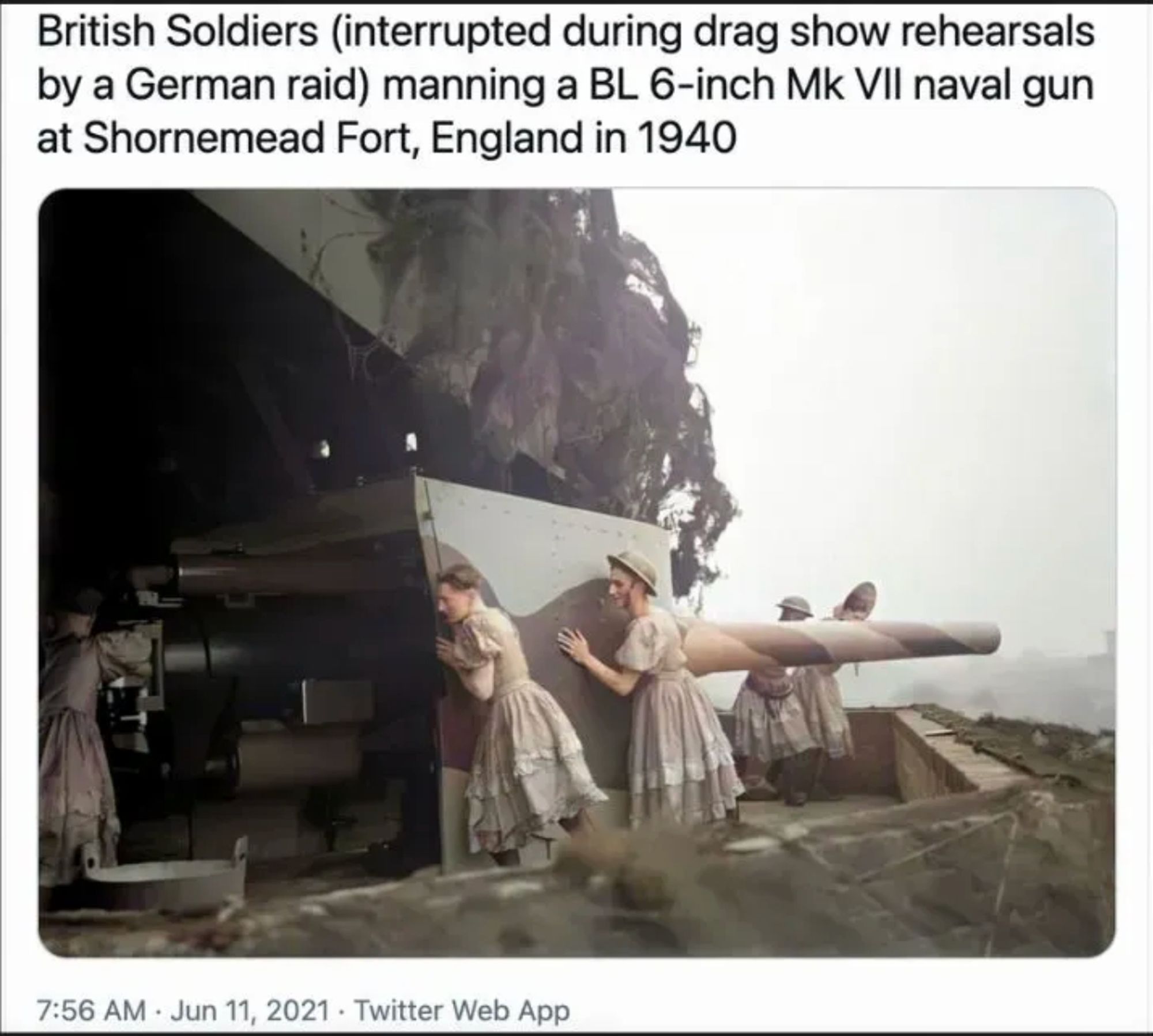 British Soldiers (interrupted during drag show rehearsals by a German raid manning a BL 6-inch Mk VIl naval gun at Shornemead Fort, England in 1940