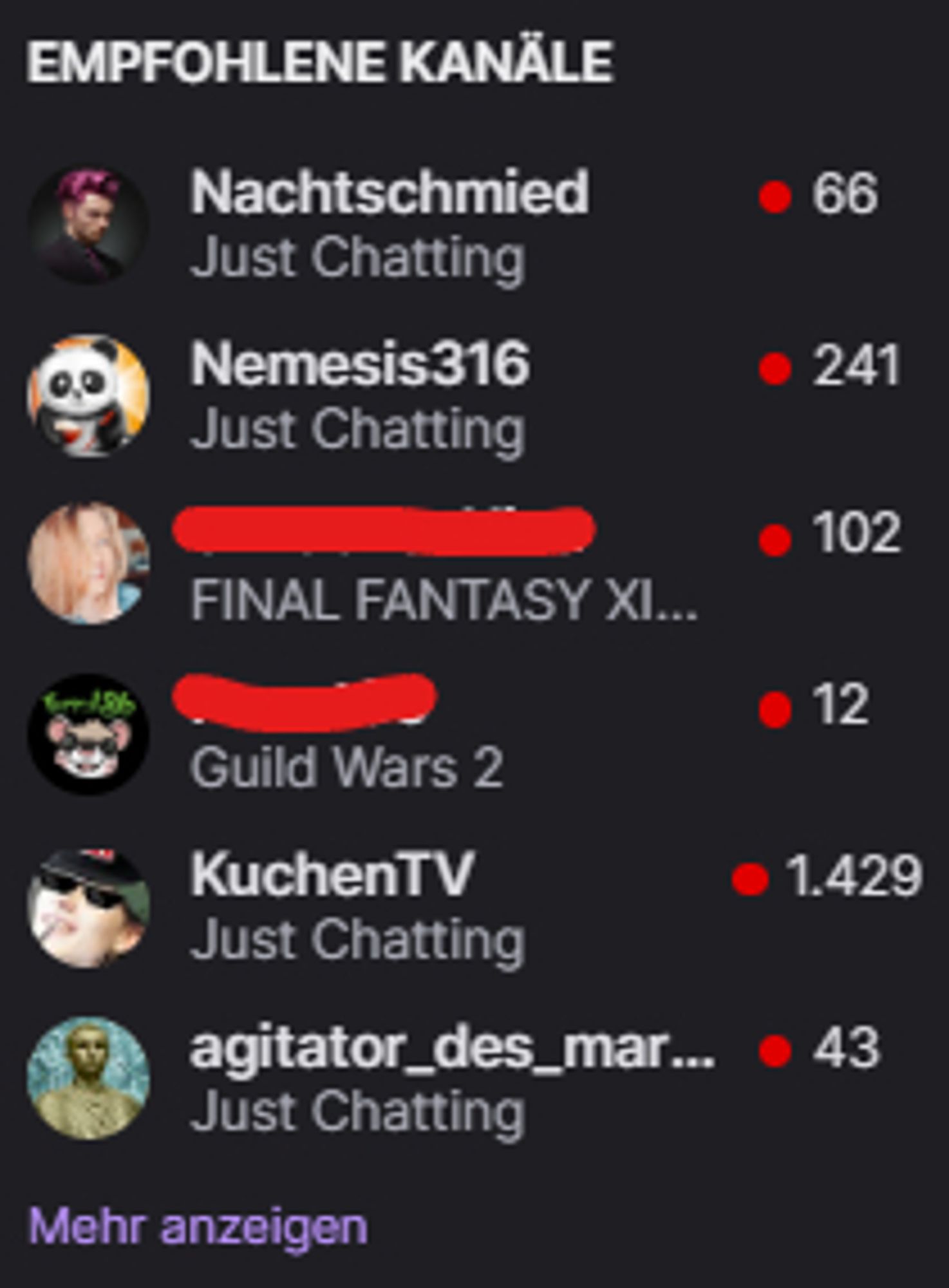 Empfohlene Kanäle auf Twitch.