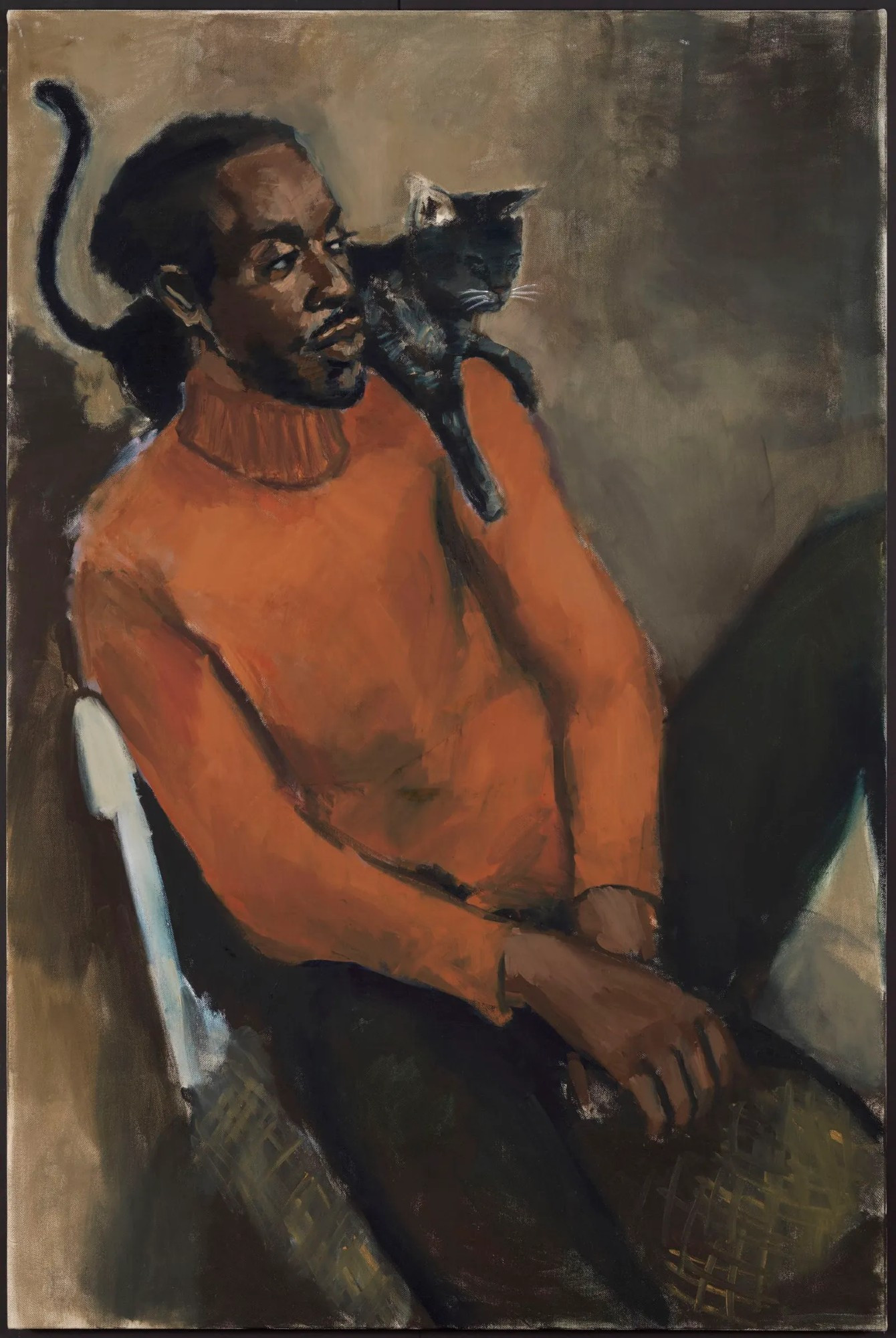 A painting of a man in an orange turtleneck and black pants sitting on a chair with a black cat on his shoulder. He stares off to the side of the frame.