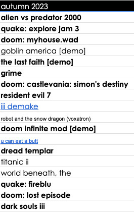 autumn 2023
alien vs predator 2000
quake: explore jam 3
doom: myhouse.wad
goblin america [demo]
the last faith [demo]
grime
doom: castlevania: simon's destiny
resident evil 7
iii demake
robot and the snow dragon (voxatron)
doom infinite mod [demo]
u can eat a butt
dread templar
titanic ii
world beneath, the
quake: fireblu
doom: lost episode
dark souls iii