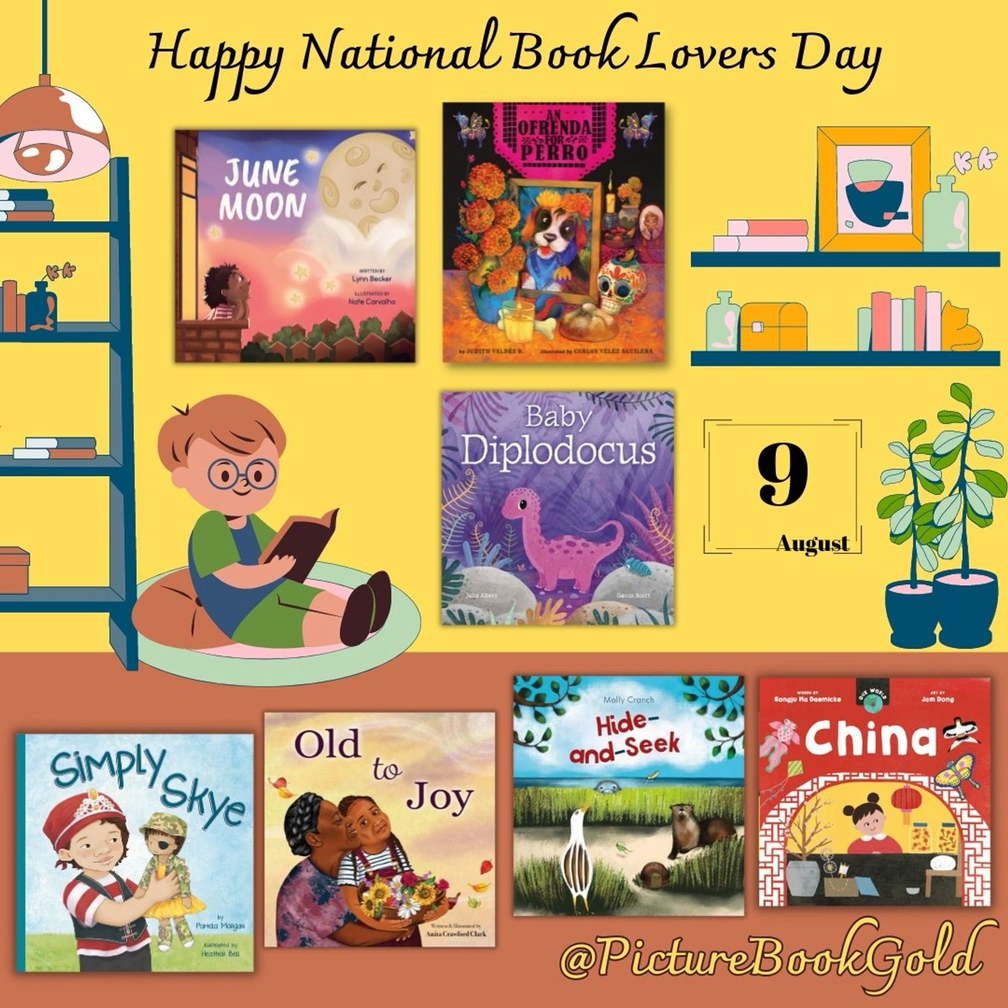 Bookshelves of picture books by PictureBookGold authors and illustrators