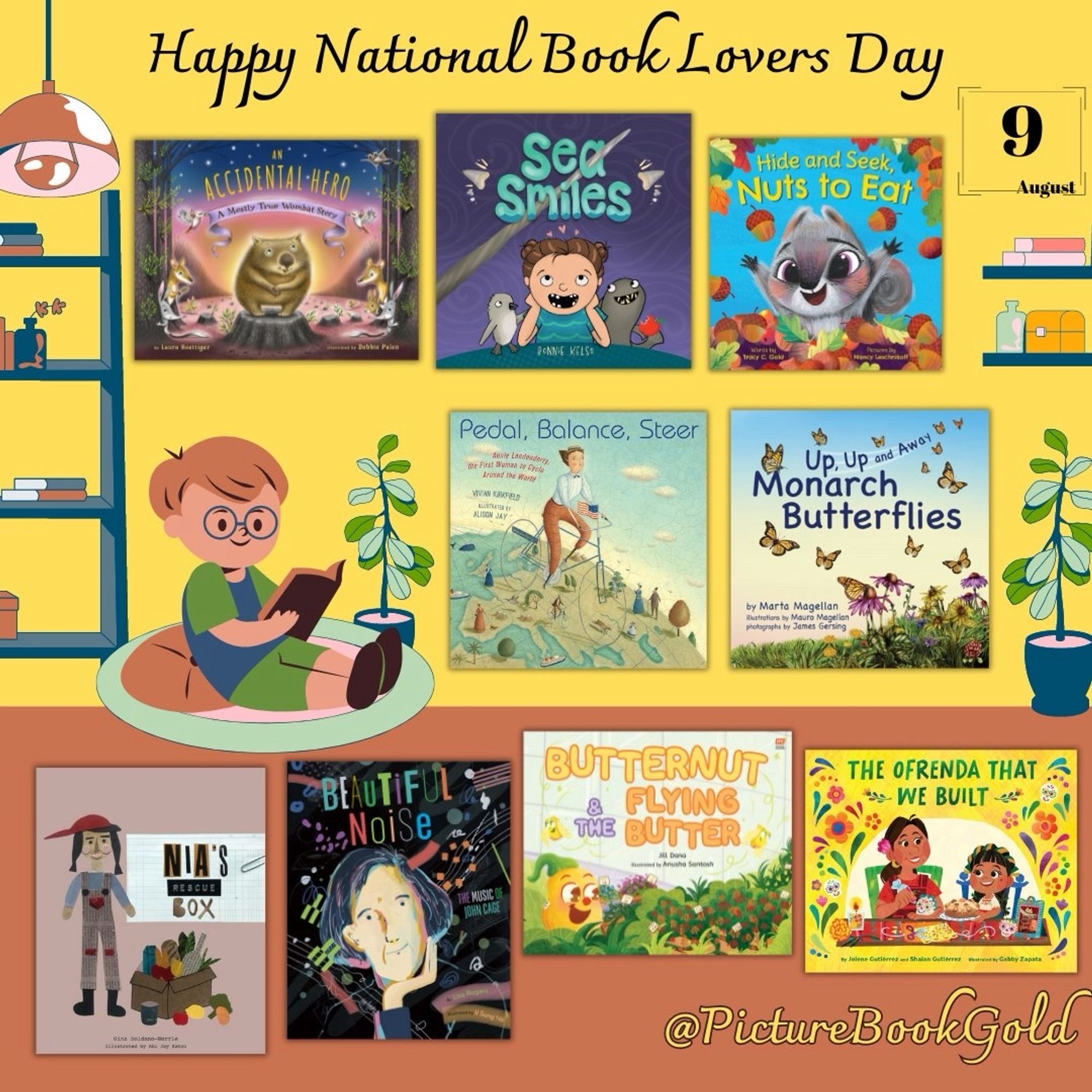 Bookshelves of picture books by PictureBookGold authors and illustrators