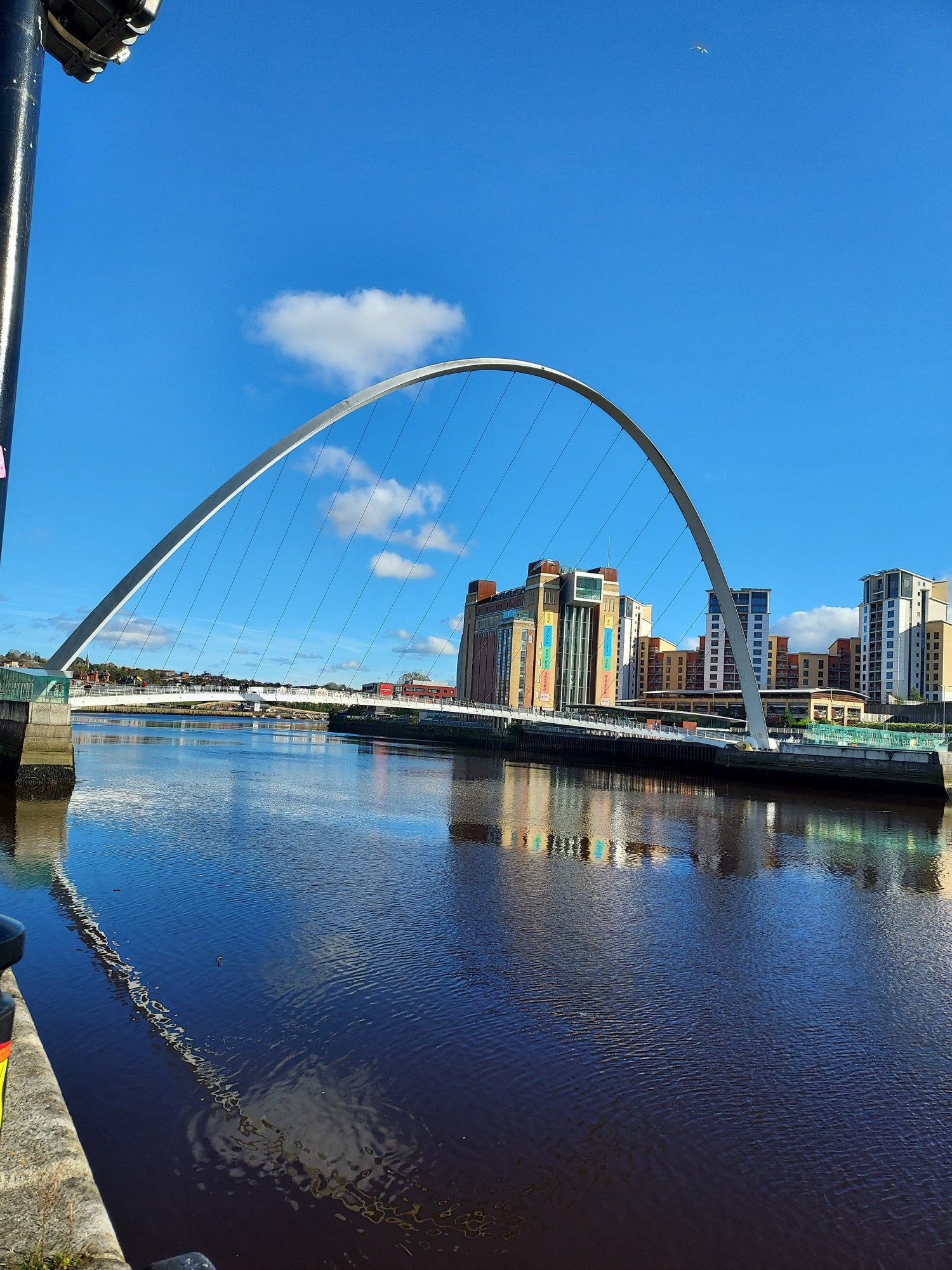 Newcastle's Tyne river on a sunny day, with the footbridge and Baltic Comtempprary arts centre in the distance.