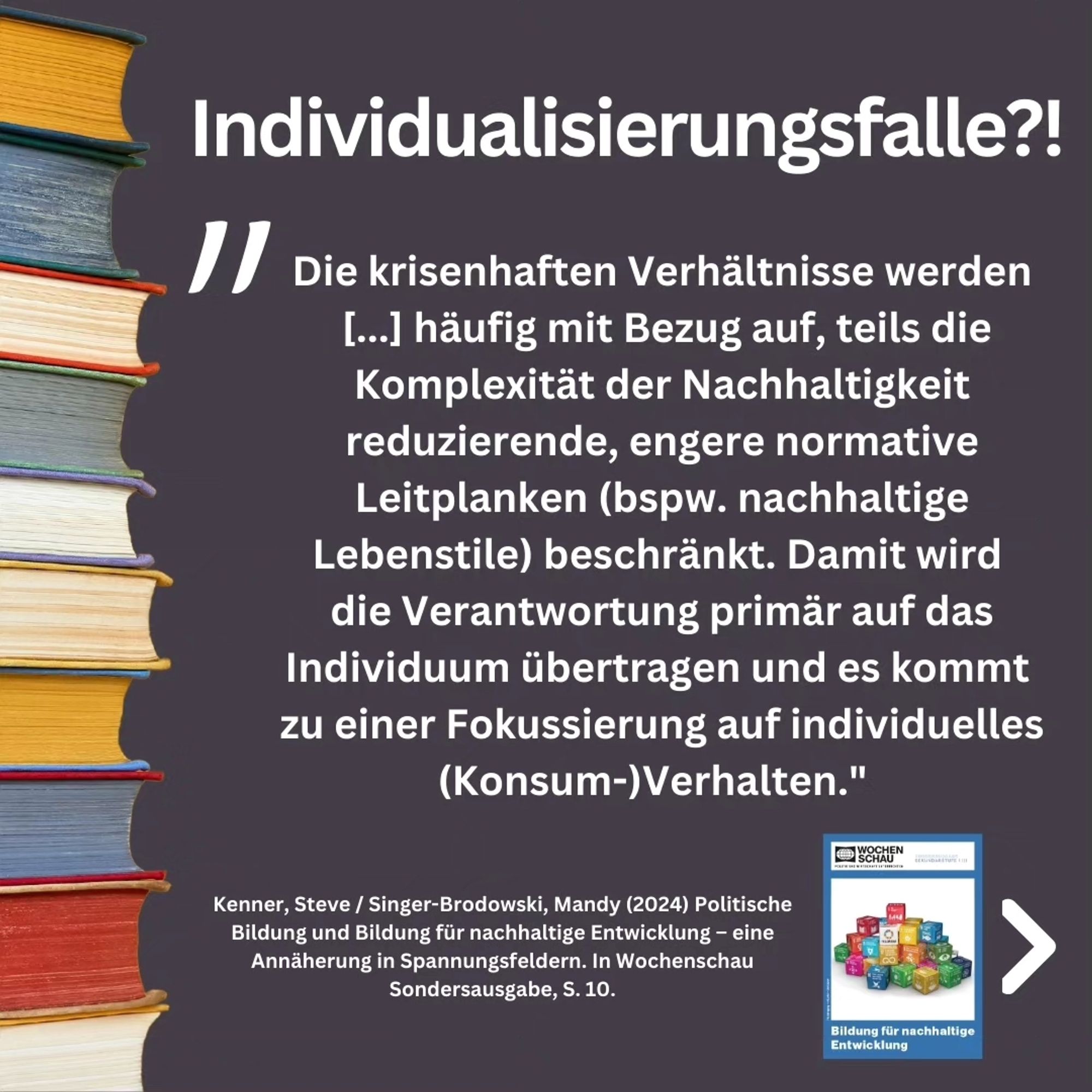 Zitat aus der Publikation: "Die krisenhaften Verhältnisse werden

[...] häufig mit Bezug auf, teils die Komplexität der Nachhaltigkeit reduzierende, engere normative Leitplanken (bspw. nachhaltige Lebenstile) beschränkt. Damit wird 

die Verantwortung primär auf das Individuum übertragen und es kommt 

zu einer Fokussierung auf individuelles (Konsum-)Verhalten."