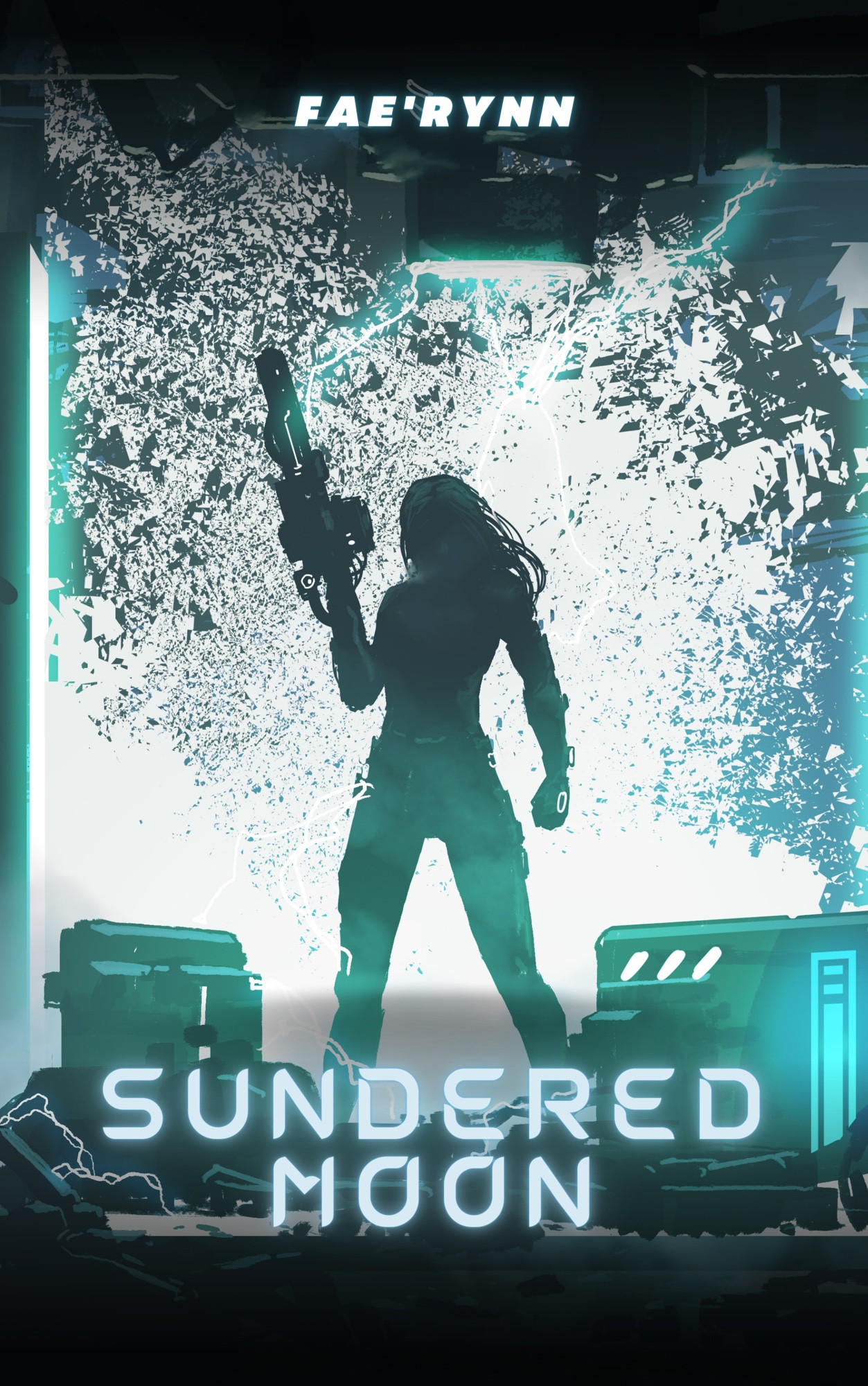 The Cover of Fae’rynn’s novel, Sundered Moon. The silhouette of a woman stands in the center
of futuristic tech while explosions are happening all around her. she wields a massive gun in one arm and is facing the audience.