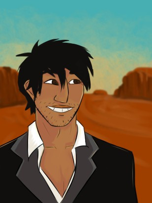 digital art of Wolfwood smiling, looking off camera. The desert background is out of focus, giving a photo effect.