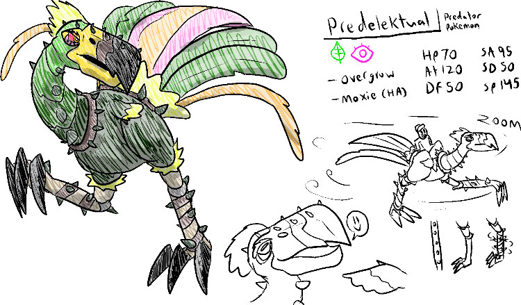 Predelektual the grass/psychic terror bird. It’s so intelligent that is can use quantum reasoning to peer into the future to predict the path its prey will take. 