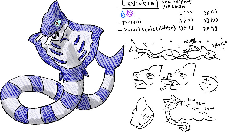 Leviabra the water/poison spitting sea cobra. Each fang is a gun barrel that can rapid fire venomous water at foes. 