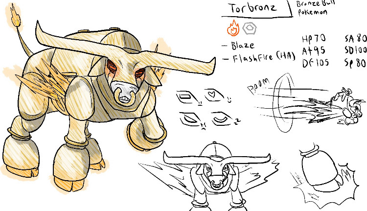 Torbronz the fire/steel type brazen bull. It expels flammable gases from its stomachs out to its sides, and ignites them to gain a boost when charging. 