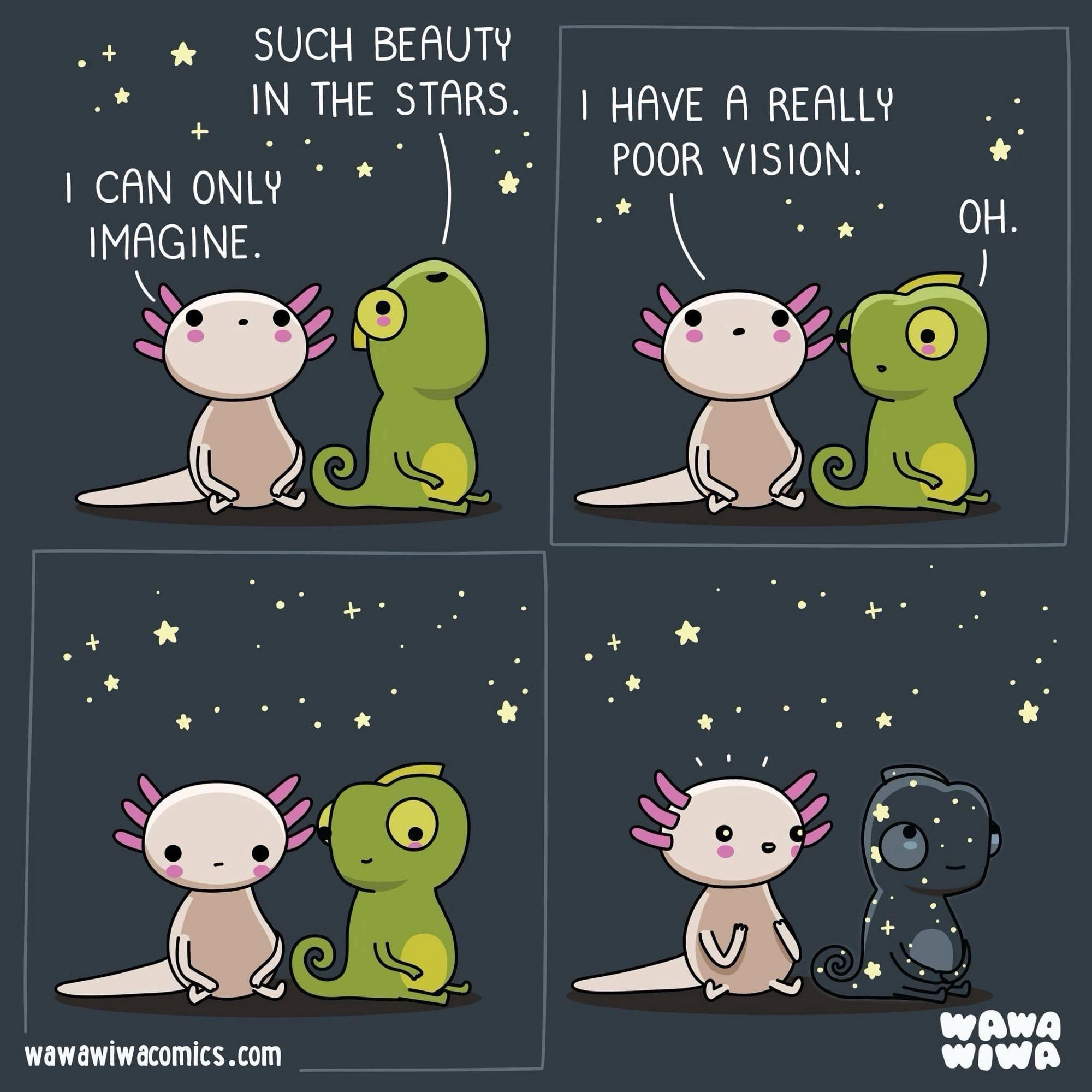 A four panel comic of an axolotl and a chameleon under a starry sky
Panel 1:
Chameleon: Such beauty in the stars.

Axolotl: I can only imagine.

Panel 2
Axolotl: I have really poor vision.

Chameleon: Oh.

Panel 3
As the axolotl sits there, the chameleon gets an idea

Panel 4
The chameleon changes its skin to blend with the night sky, and is dark and covered in stars

The axolotl is surprised and delighted to be able to see and enjoy the starlight, together