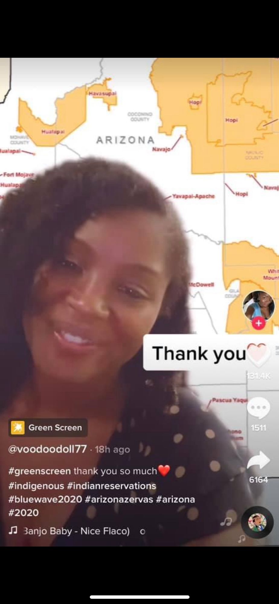 The same map, overlaid by a photo of a smiling dark-skinned woman 

voodoodoll77 states simply, “Thank you”