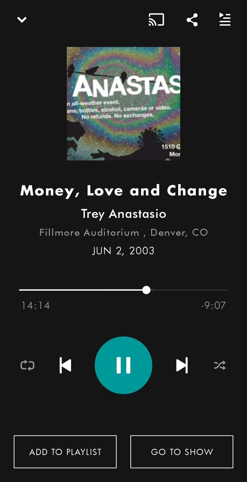 Money, Love and Change

Trey Anastasio

Fillmore Auditorium, Denver, CO

JUN 2, 2003