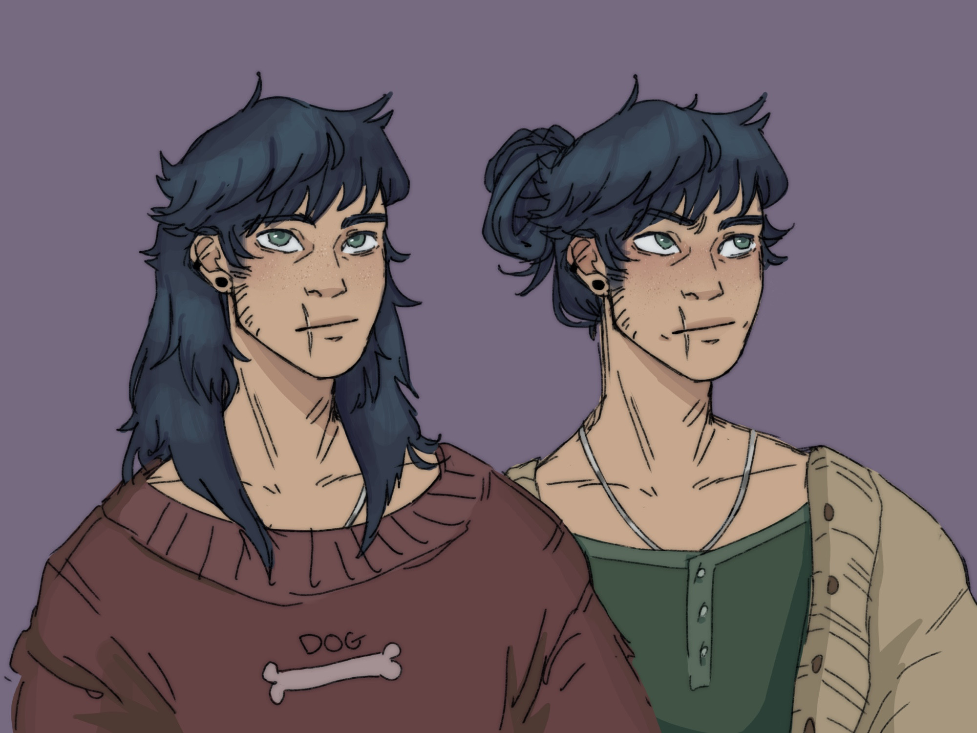 this is the same guy except he’s human now. tired lad in a characterizing dog bone shirt and then comfy clothes. bro has cool ass long mullet