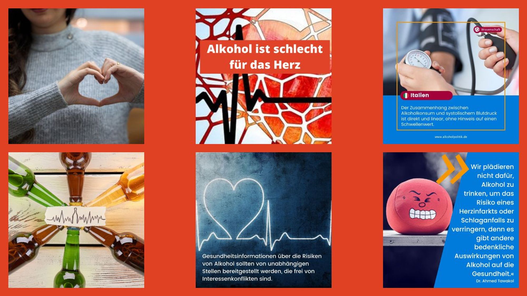 Sechs Motive zu verschiedenen Beiträgen auf der Alkoholpolitik-Website zu Herzgesundheit.