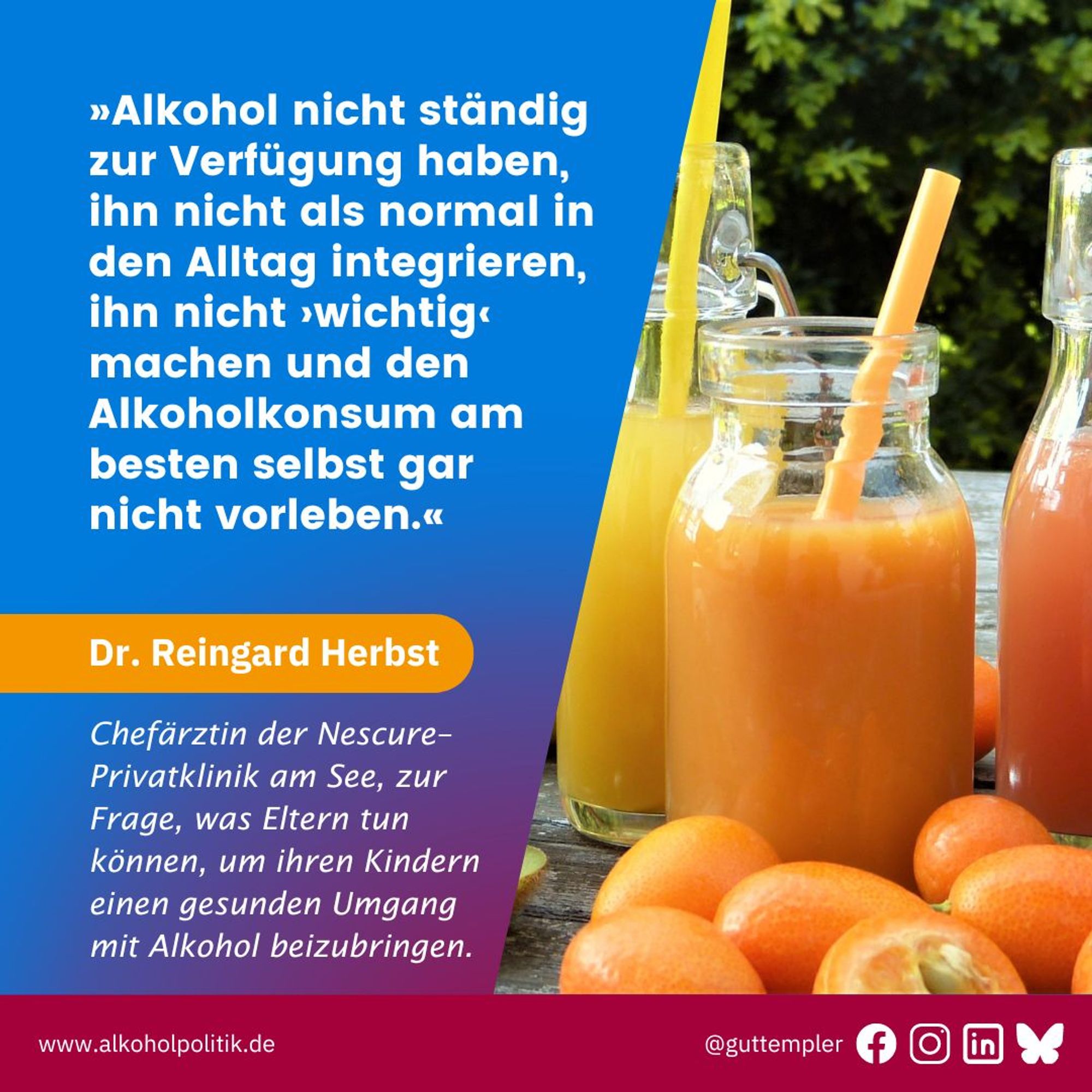 Verschiedene Fruchtsäfte in Gläsern mit Trinkhalmen. Daneben das Zitat von Dr. Reingard Herbst, Chefärztin der Nescure–Privatklinik am See, zur Frage, was Eltern tun können, um ihren Kindern einen gesunden Umgang mit Alkohol beizubringen: Alkohol nicht ständig zur Verfügung haben, ihn nicht als normal in den Alltag integrieren, ihn nicht ›wichtig‹ machen und den Alkoholkonsum am besten selbst gar nicht vorleben.