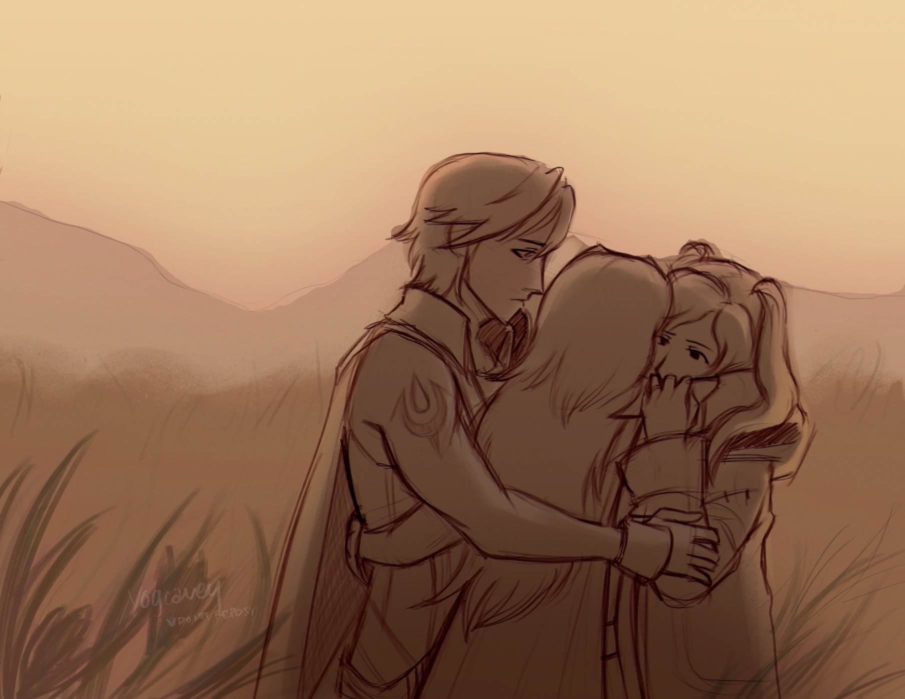 Fire Emblem: Awakening fanart. Chrom, Lucina and Female Robin standing in a field at sunset, hugging after a tense moment. Everyone looks somber, Lucina with her back turned to the camera implied to be crying.