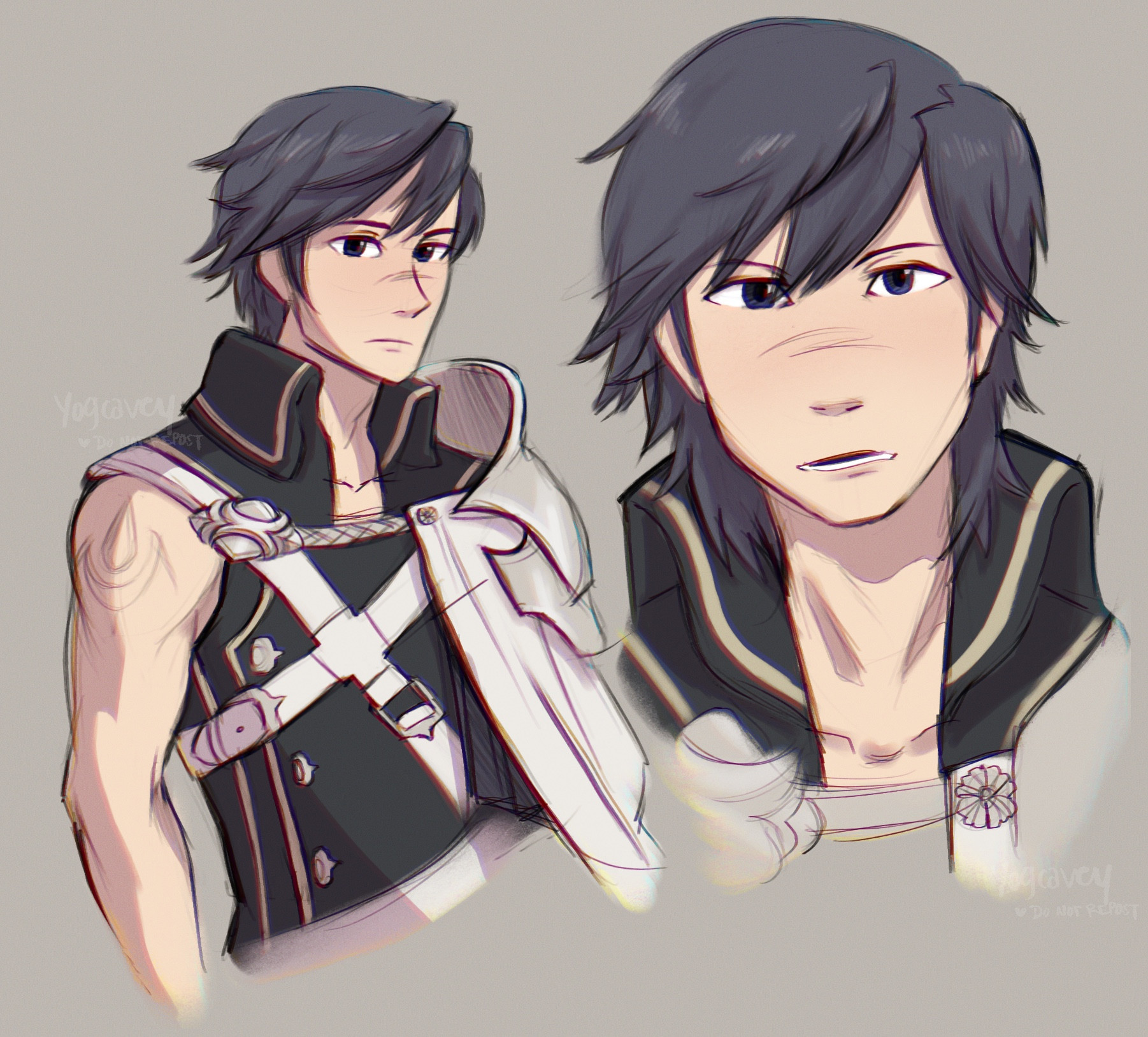 Fanart sketches of Chrom from Fire Emblem Awakening. Pictured on the left is him standing idly facing towards the right. Pictured on the right is a close up front view headshot, he is making eye contact and mouth is slightly ajar to imply he is speaking.