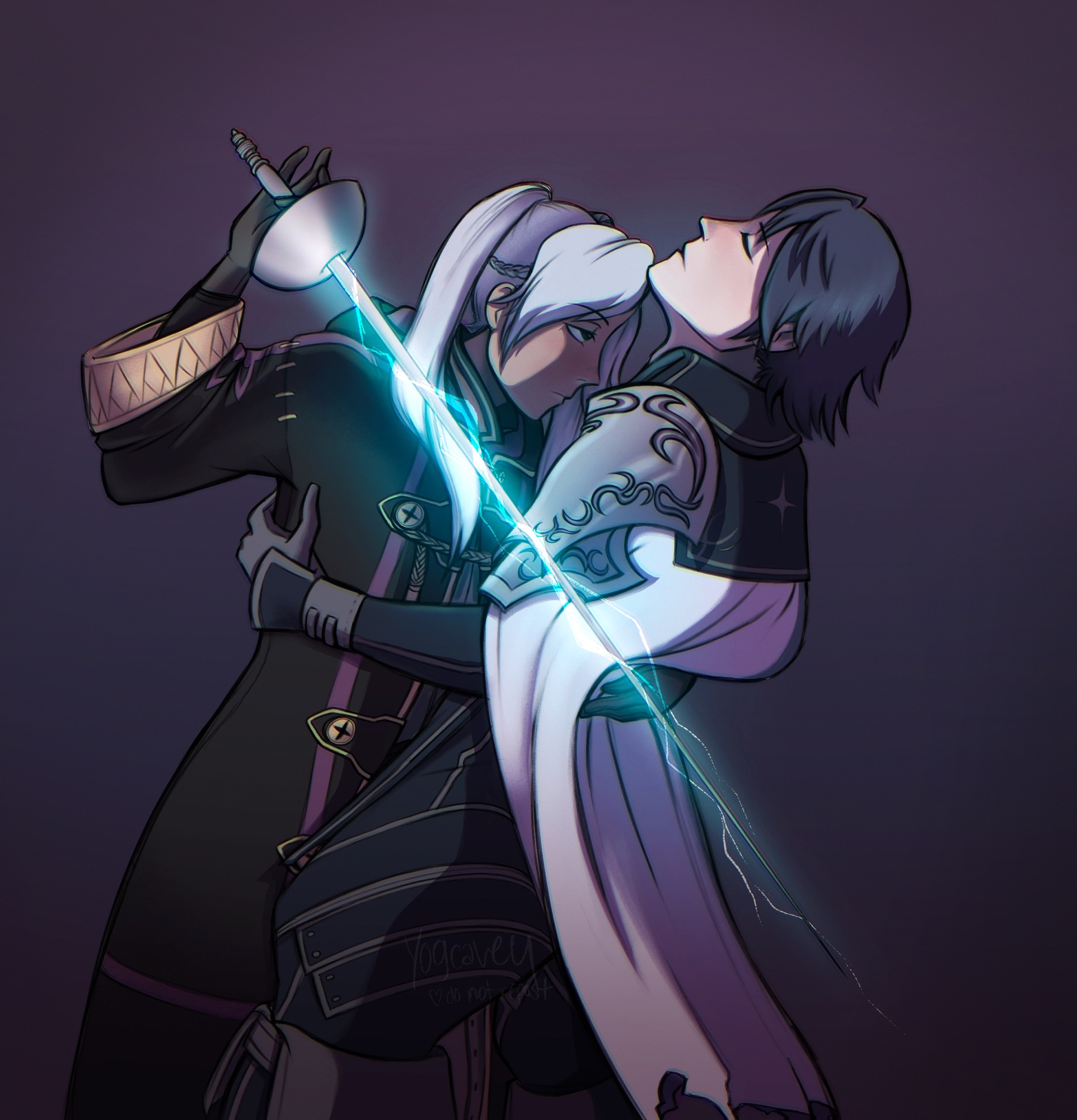 Illustration of Robin and Chrom from Fire Emblem Awakening. She is dipping him down like the lead of a slowdance would, and holding an electrified rapier next to him, but implying that it could be stabbed through him if she wanted. I title it "Trust", and it's my own nod to and spin on the fake-out death in game.