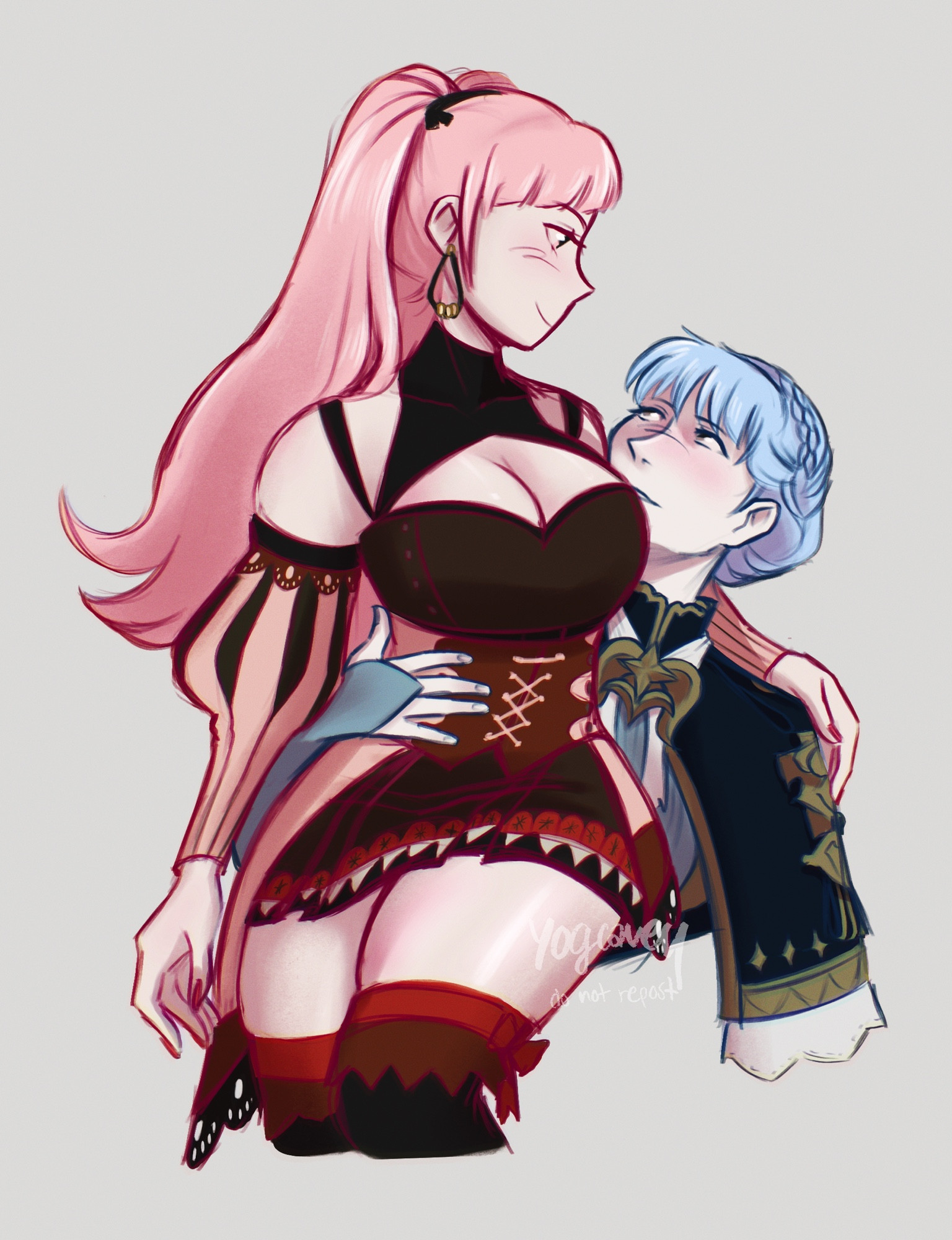 Fire Emblem: Three Houses ship fanart. Hilda Goneril standing leaning her waist against Marianne Von Edmund (seated)'s chest and shoulder. Hilda is positionned to be looking down on Marianne, with one hand draped on Mari's shoulder and the other hanging loose at her side. Marianne has a hand placed gently on Hilda's waist and her face is level with Hilda's breasts. They are gazing at eachother lovingly and somewhat suggestively.