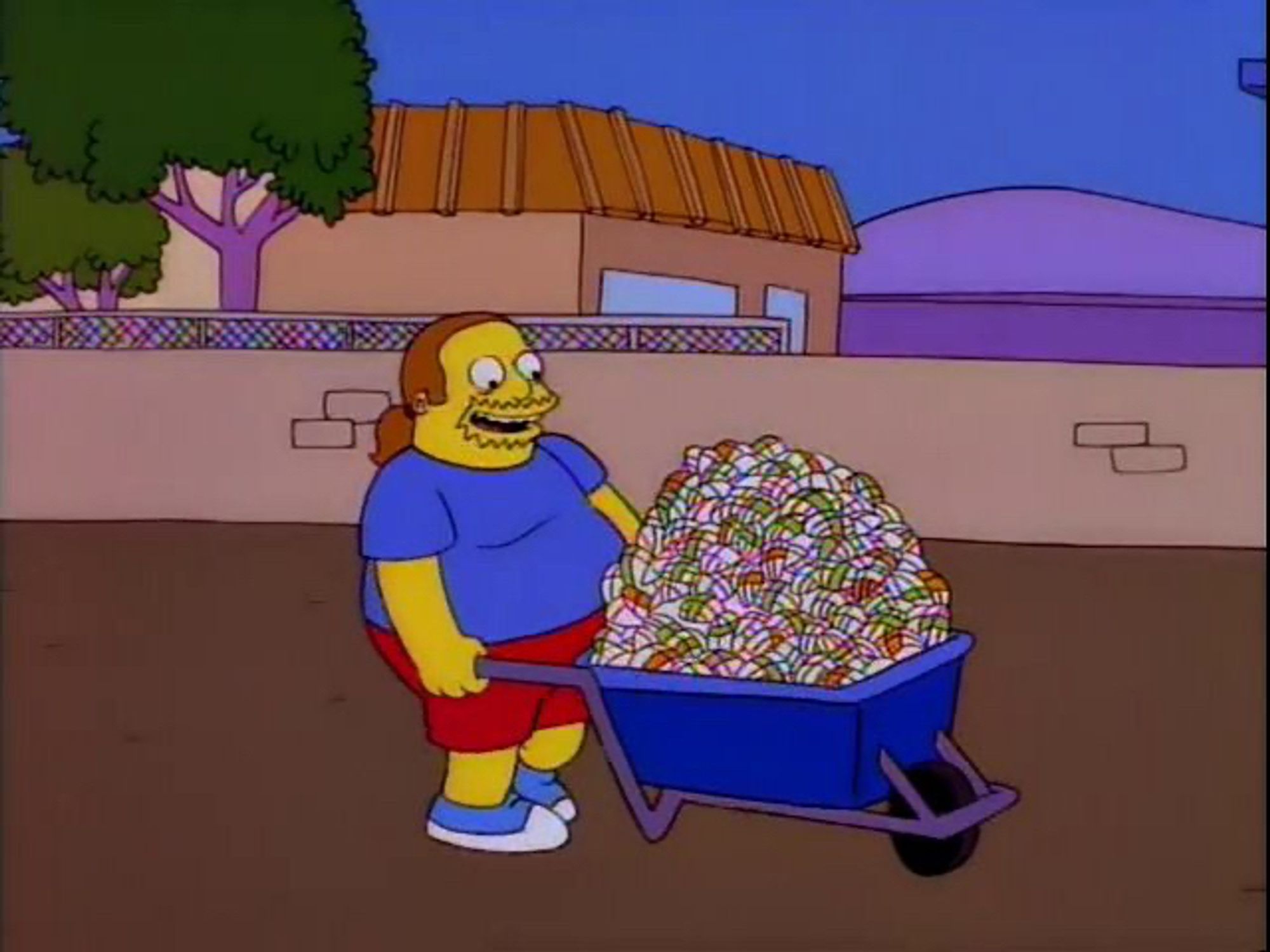 Comic book guy with a wheelbarrow filled with 100 burritos