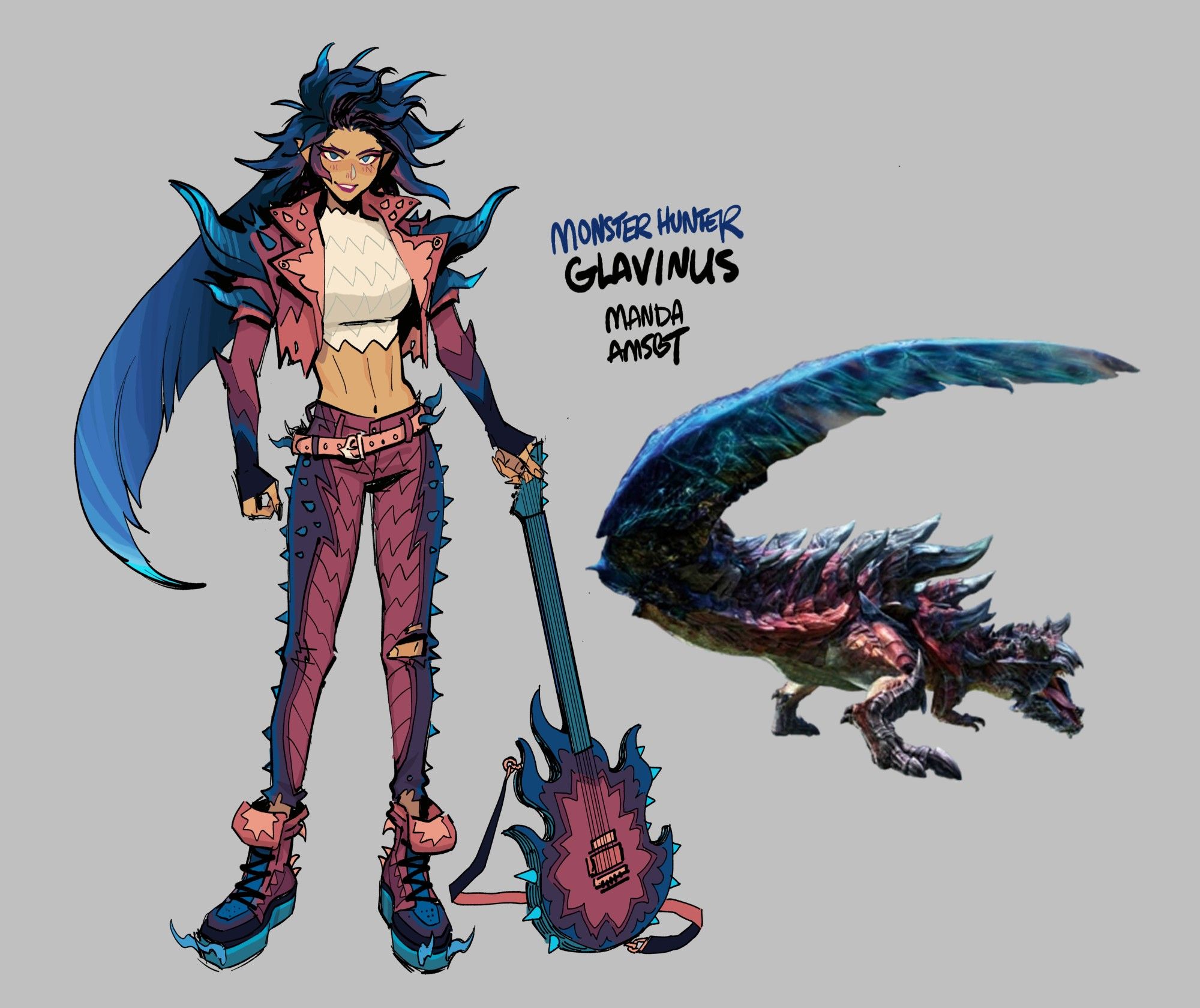 A punk/metal attired guitarist character design based off the monster glavinus, from Monster Hunter Iceborne