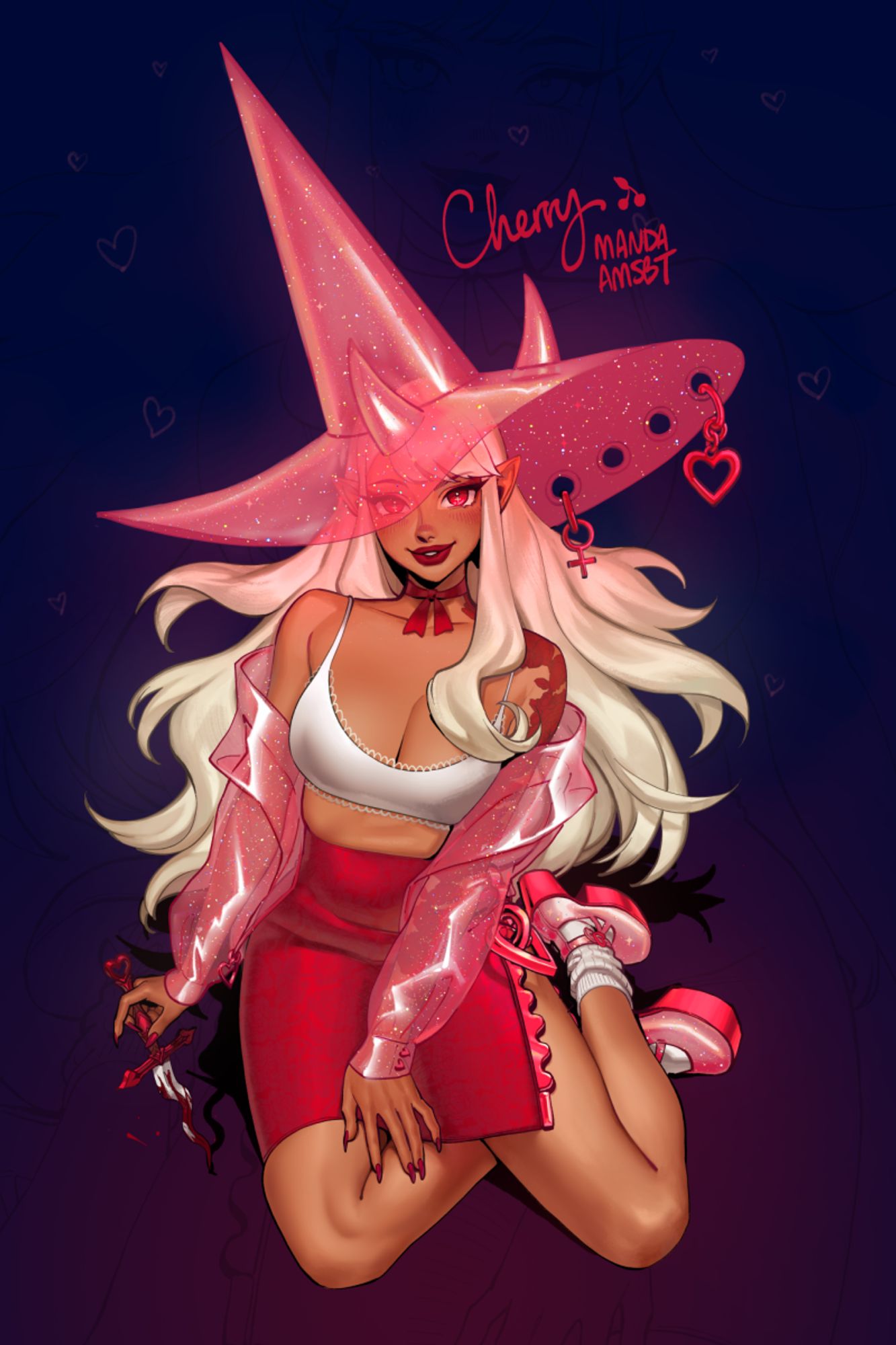 My oc Cherry, sitting on the ground with a big sparkly translucent pink hat and holding a bloody knife