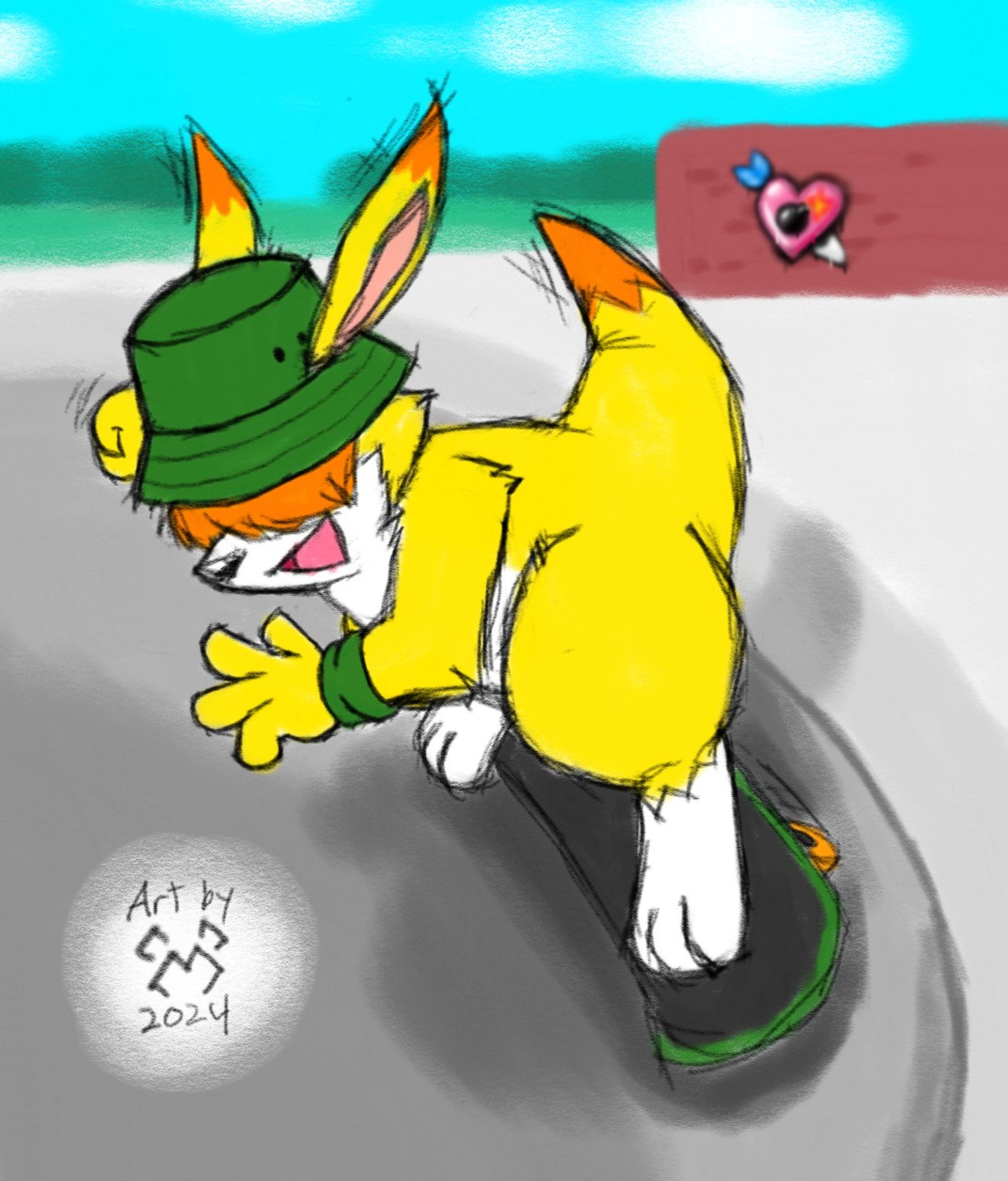 A yellow Louie (from Bomberman) with orange accents and hair covering his eyes, wearing a green bucket hat and wristbands, skateboarding along the walls of a skatepark bowl.