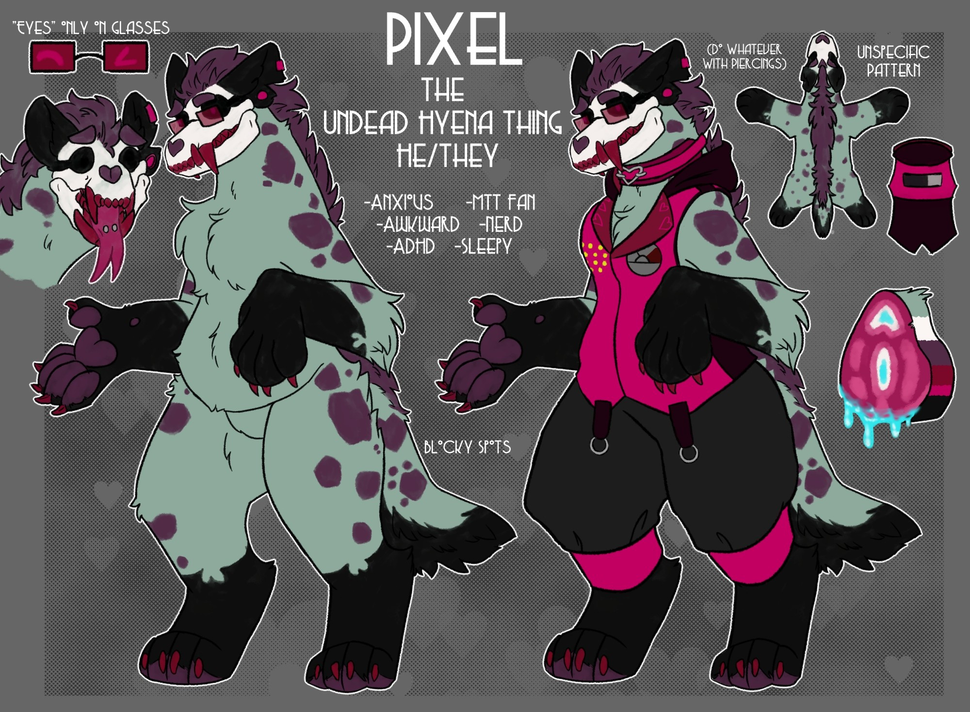 Ref sheet for Pixel, an undead hyena thing