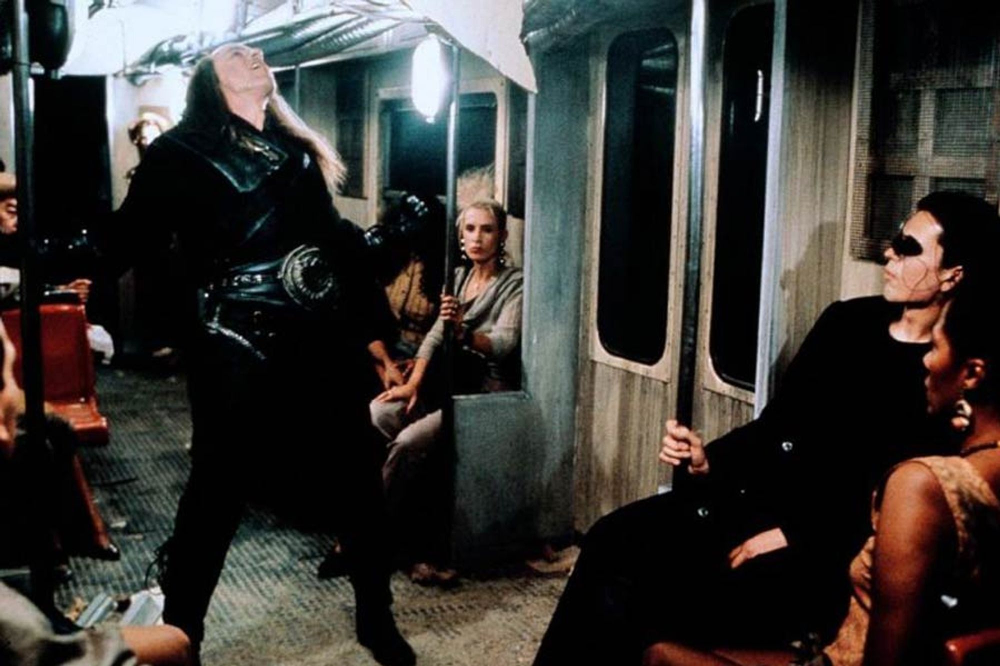 Michael Ironside acts like a weirdo (complimentary) in a subway car in Highlander 2: The Quickening