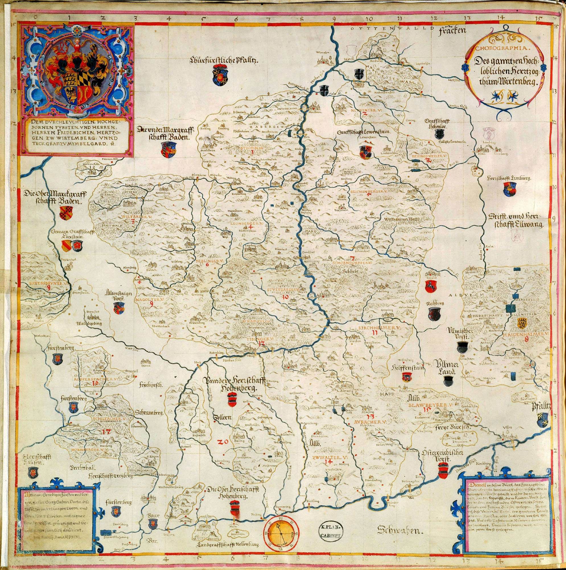 carte en couleurs manuscrite du duché de Wurtemberg, figurant les fleuves, massifs forestiers et armoiries.