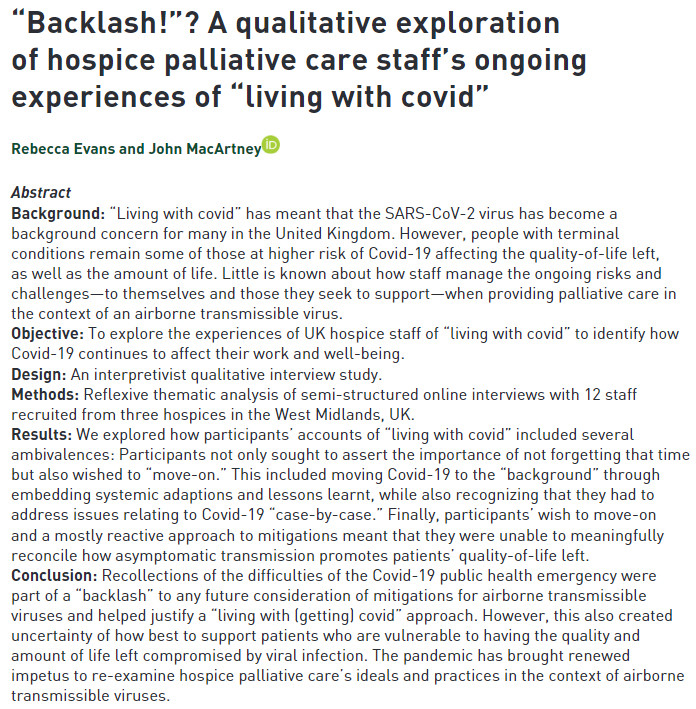 Screenshot of paper title and abstract: “Backlash!”? A qualitative exploration of hospice palliative care staff’s ongoing experiences of “living with covid”