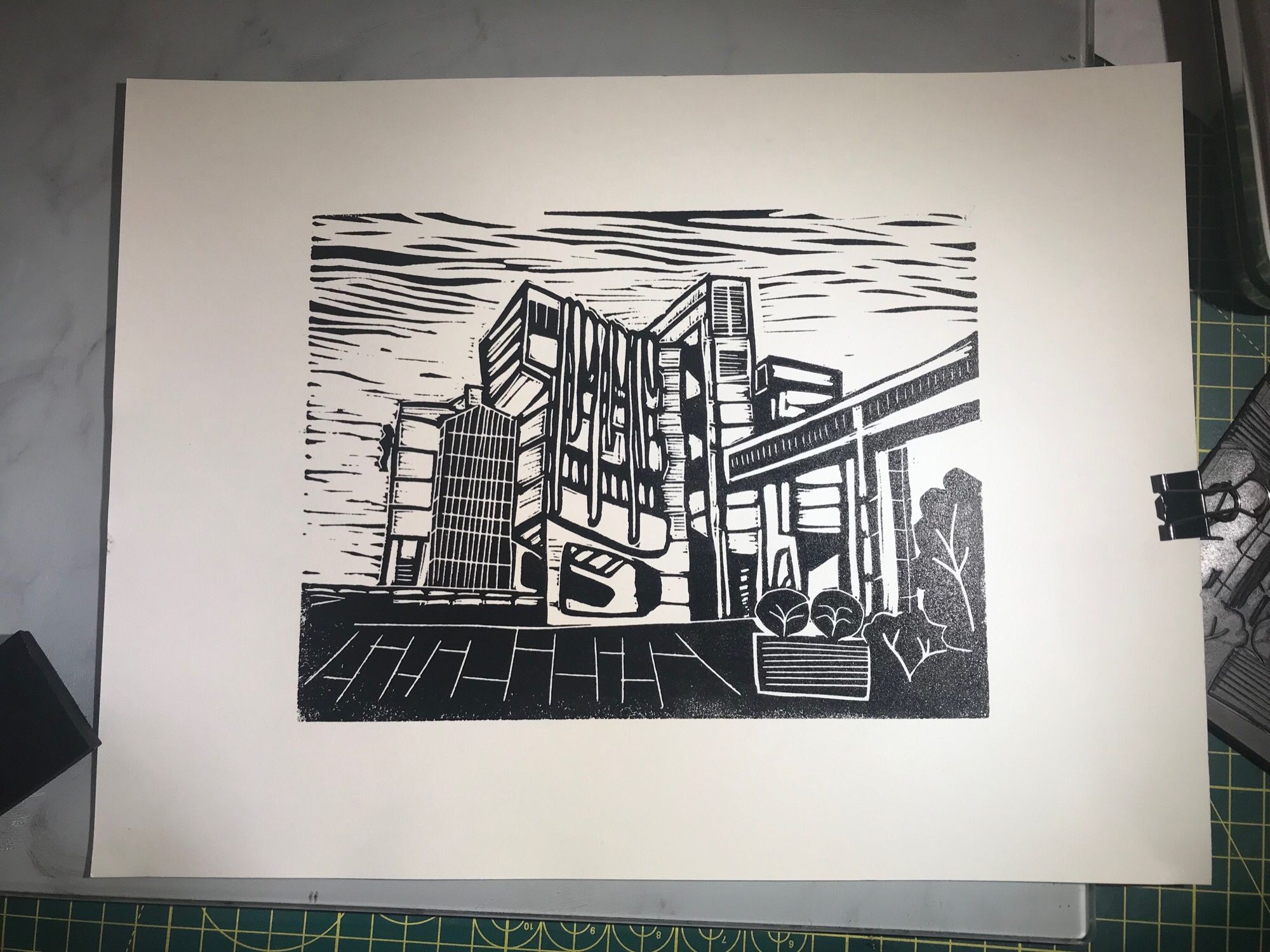 A linoprint in black ink of the Roger Stevens building in Leeds. It’s a brutalist masterpiece.