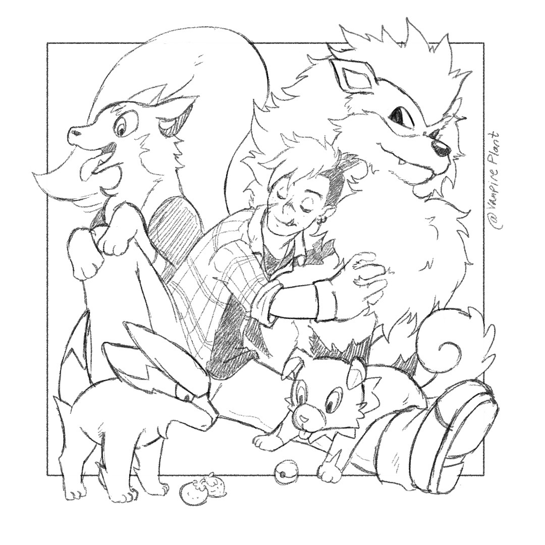 Vanix, a lycan boy, with his pkmn team: Arcanine, Rockruff, Electrike and Boltund.