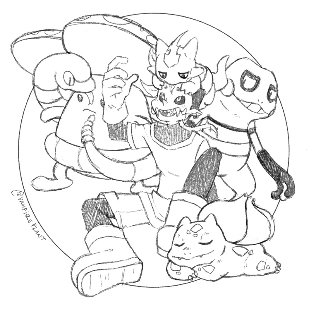 Sei, a boy half human half plant, with his pkmn team: Vileplume, Ekans, Bulbasaur, Toxel and Croagunk.