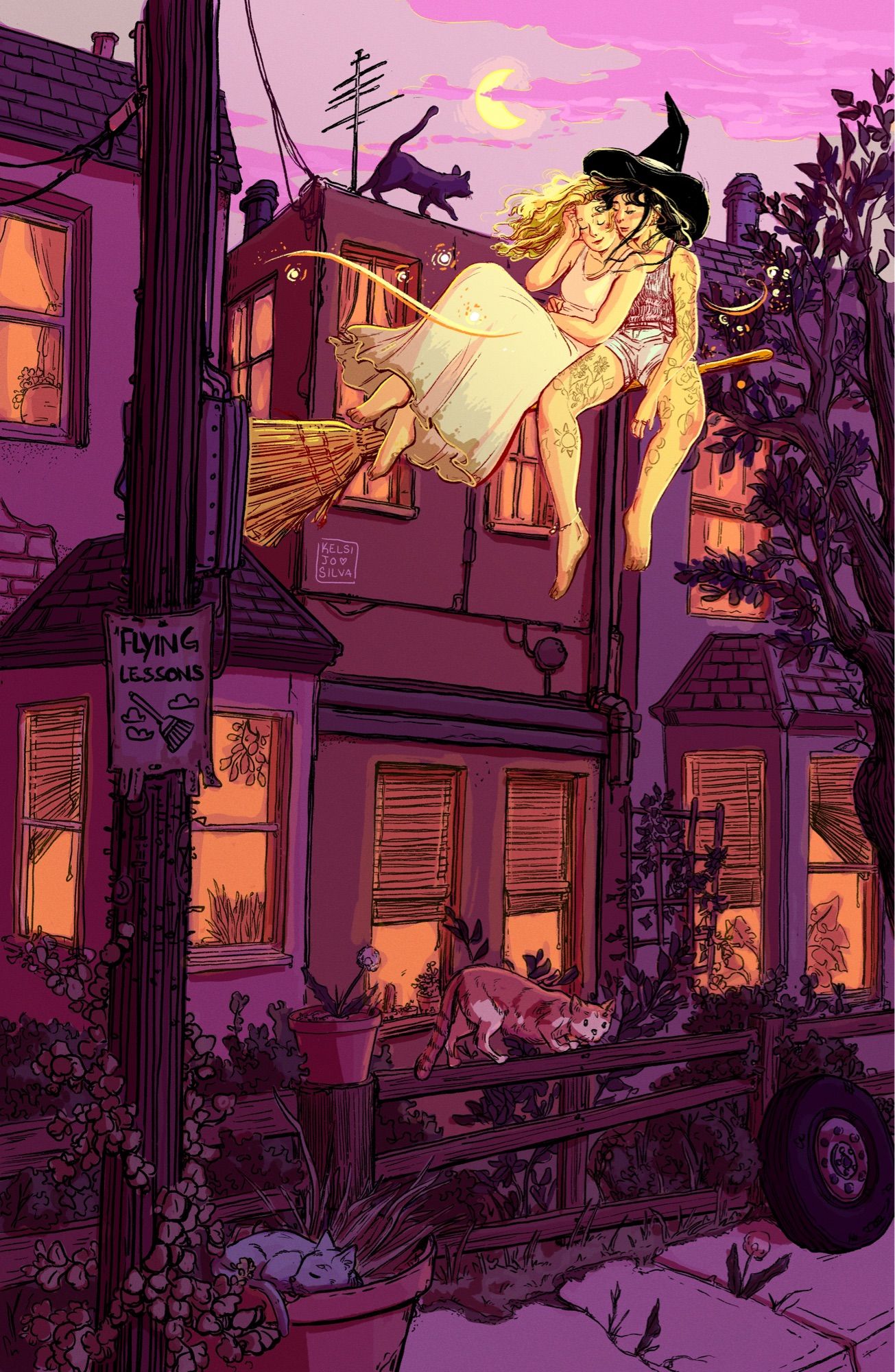 Illustration of a witch and a girl on a broom stick flying over a neighborhood.