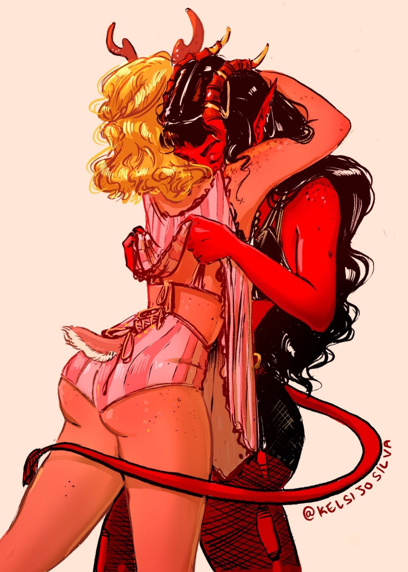 A sapphic imagining of Hades and Persephone. Theyre embraced.