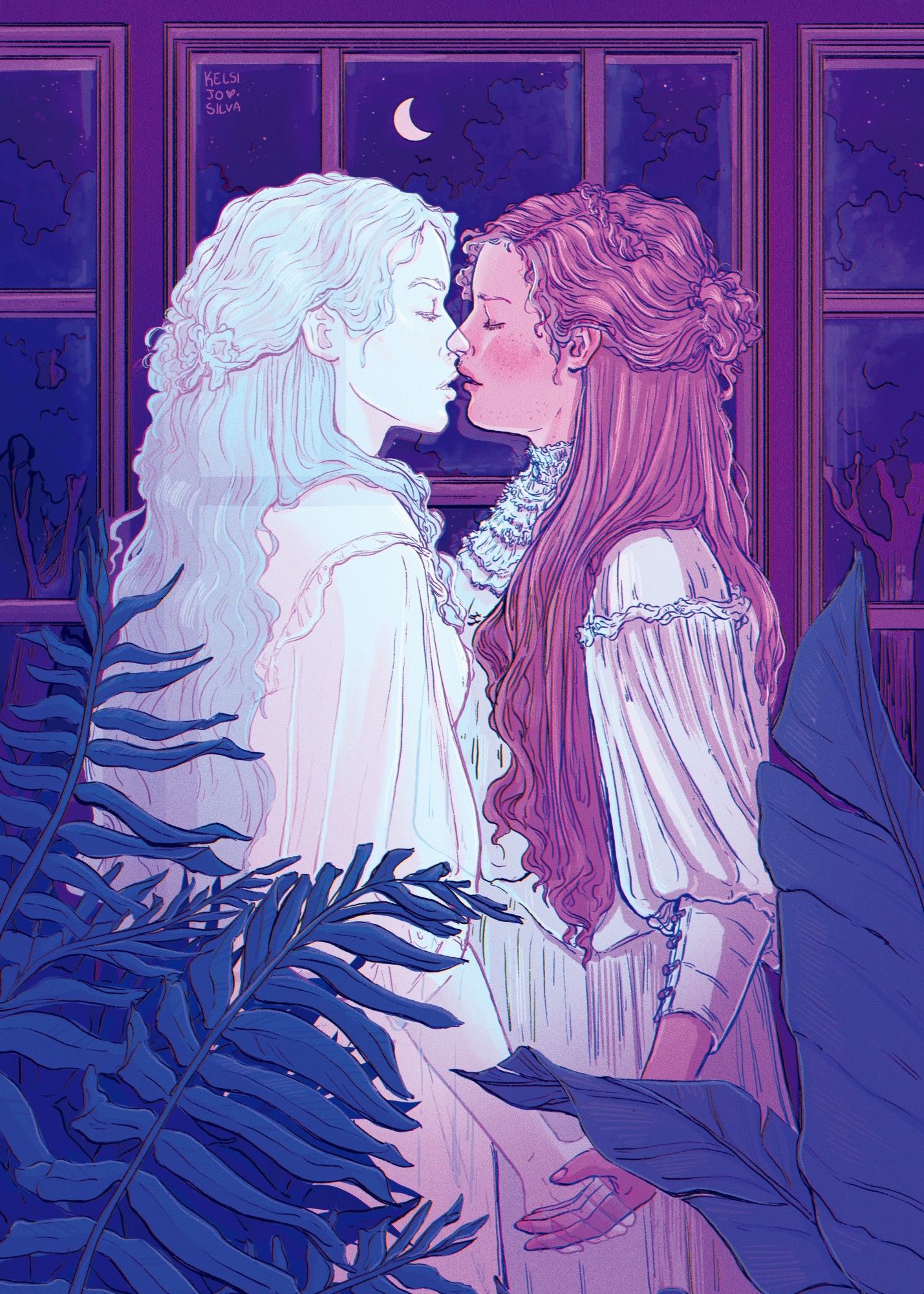 illustration of a woman leaned in close to a ghost. they are both girls. they are going to kiss.