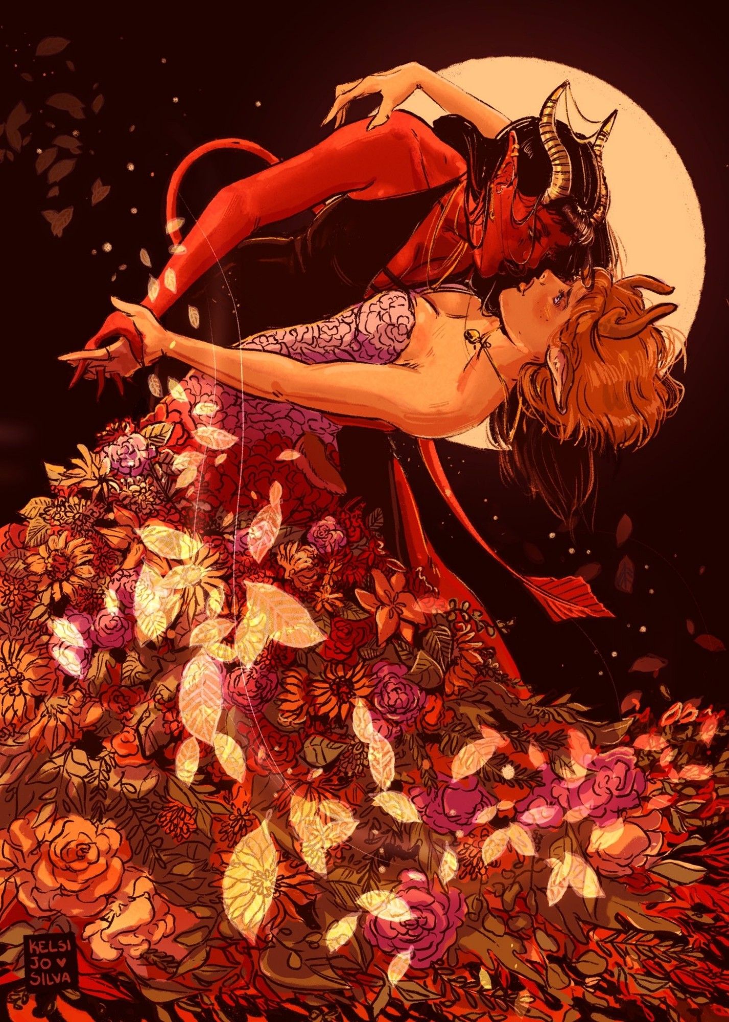 Illustration of a sapphic Hades and Persephone. Hades, wearing a black balloon dress dips Persephone, who wears a gown made of fall flowers, covering the full base of the artwork.