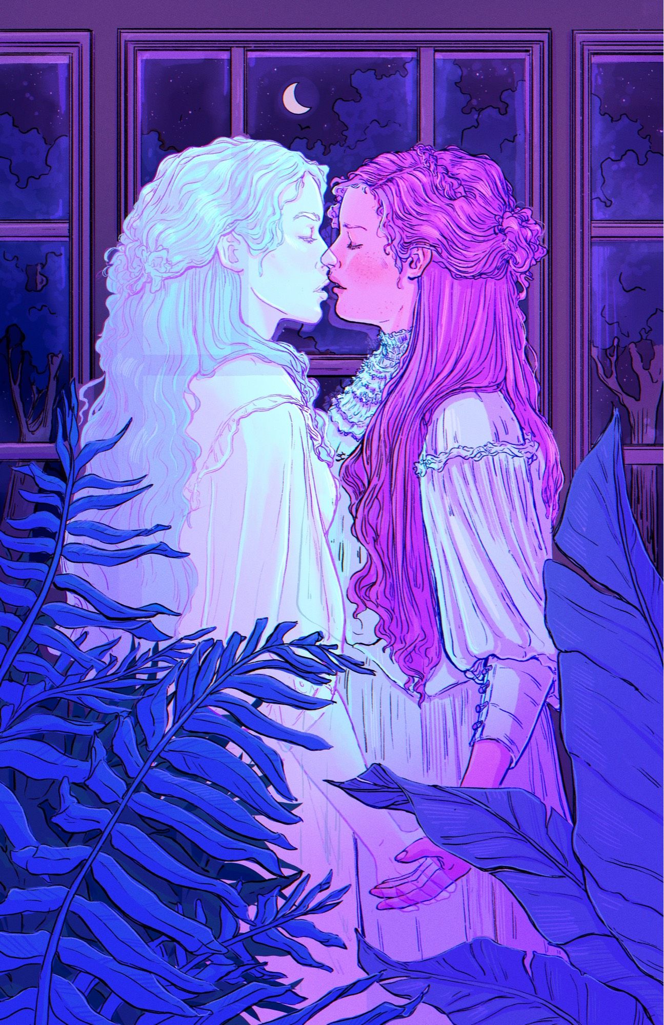 Illustration of a victorian styled woman embracing a victorian styled ghost woman.