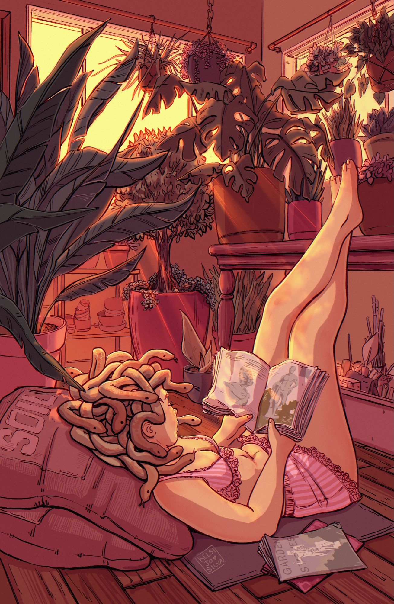 Illustration of Medusa in a sunroom reading a statue catalog.